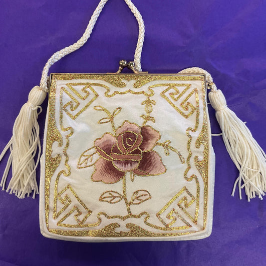 Vintage 1970s/80s Ivory Satin Evening Bag with Rose Embroidery and Gold metallic wire work , silky cord shoulder strap and tassels
