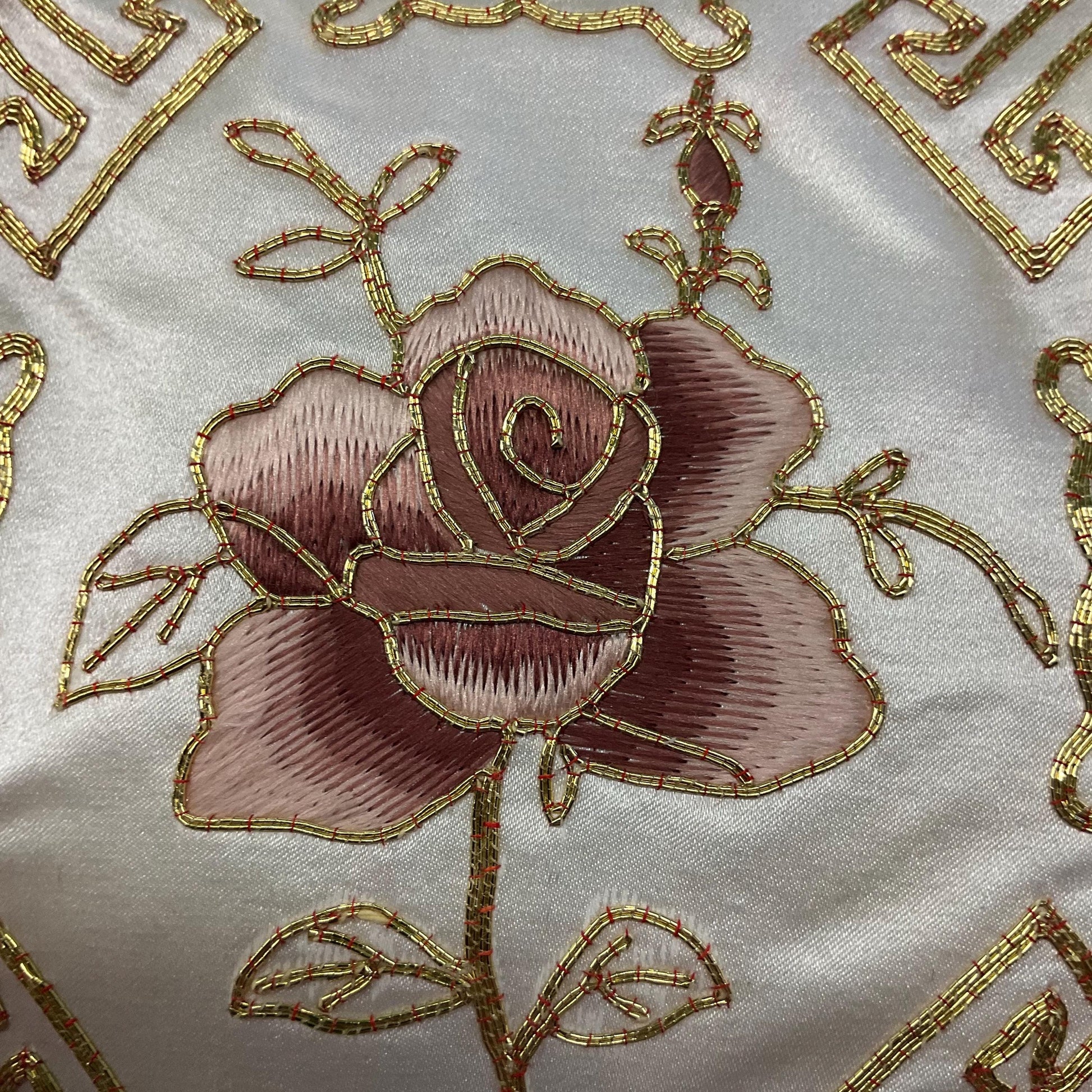 Vintage 1970s/80s Ivory Satin Evening Bag with Rose Embroidery and Gold metallic wire work , silky cord shoulder strap and tassels