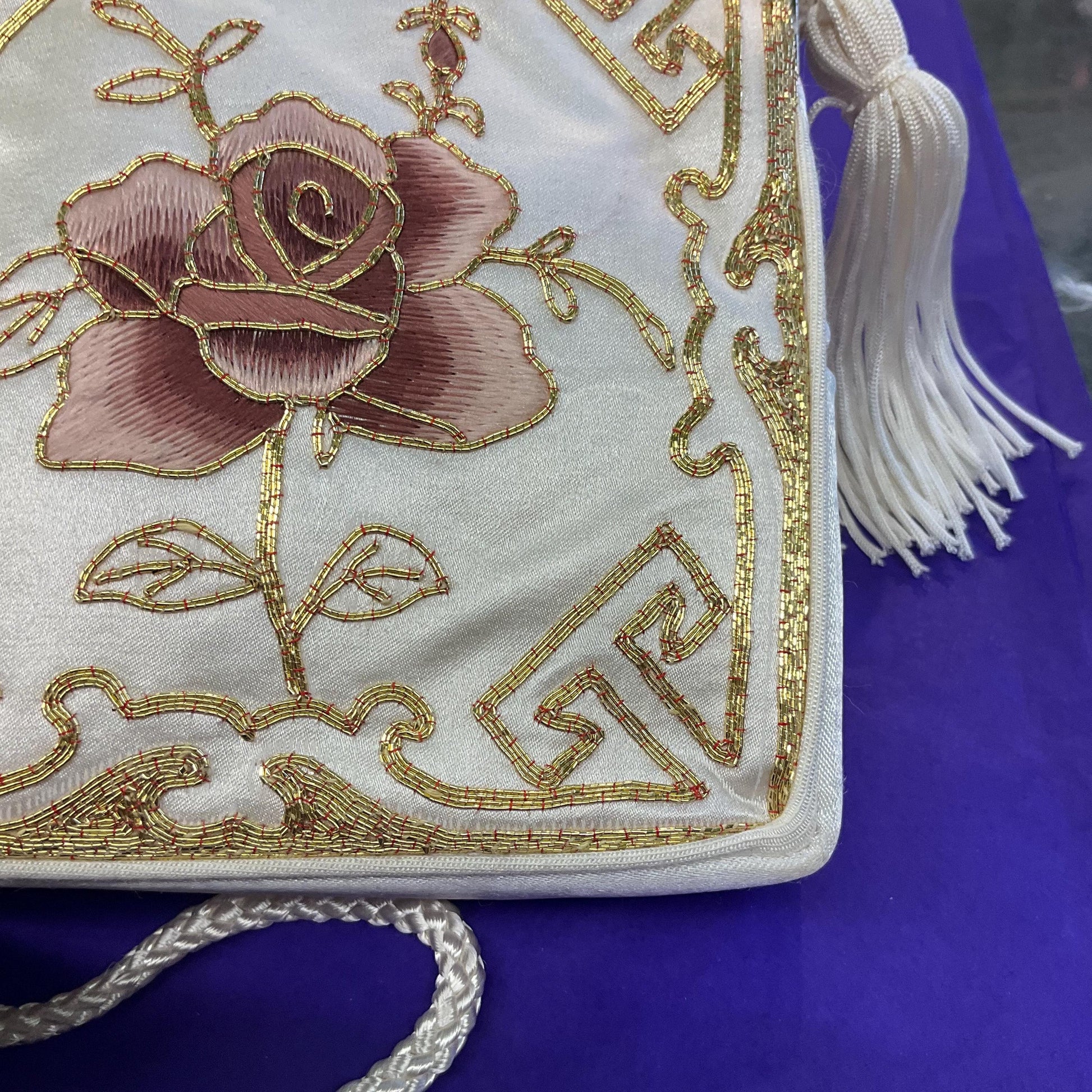 Vintage 1970s/80s Ivory Satin Evening Bag with Rose Embroidery and Gold metallic wire work , silky cord shoulder strap and tassels