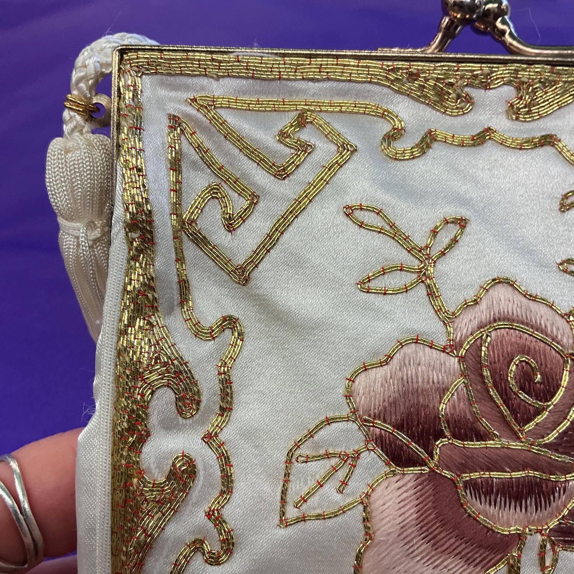 Vintage 1970s/80s Ivory Satin Evening Bag with Rose Embroidery and Gold metallic wire work , silky cord shoulder strap and tassels