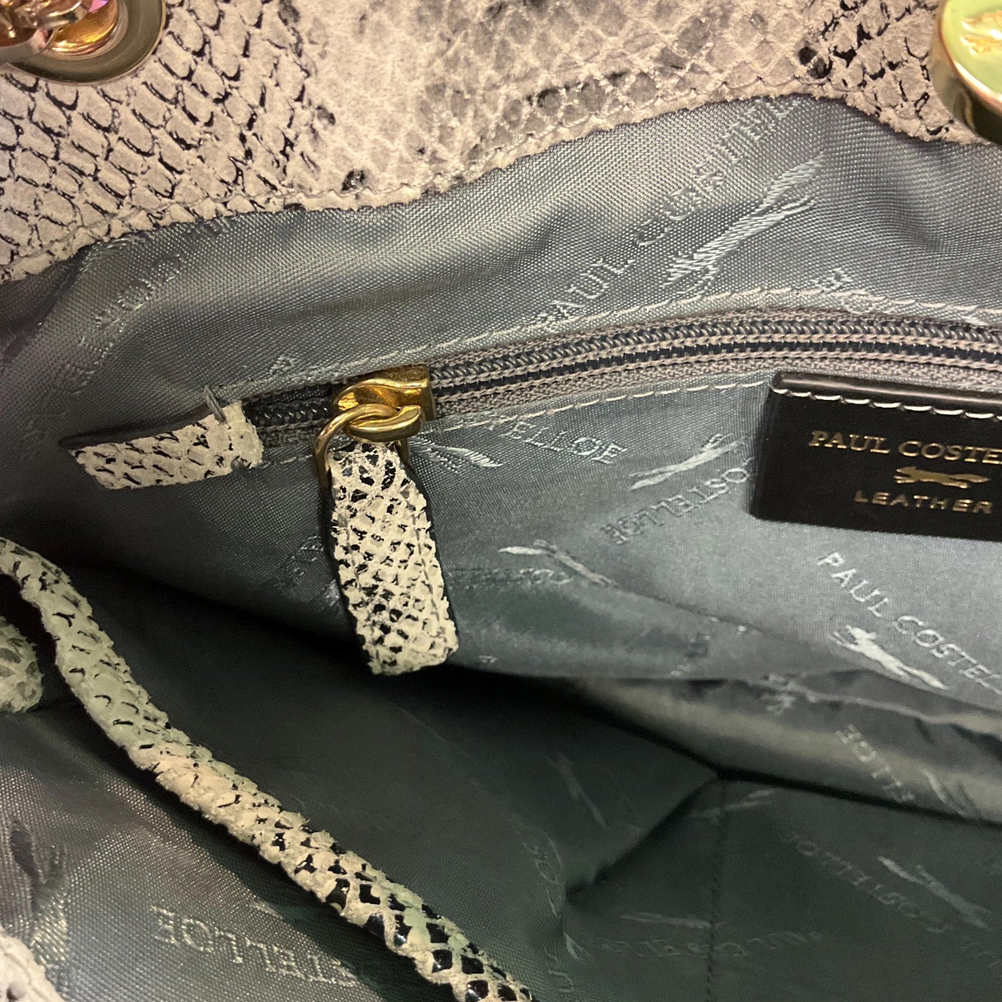 Vintage PAUL COSTELLO Large Black and Grey Leather Shoulder Bag, Faux snakeskin Print Leather and Gold Tone Chains