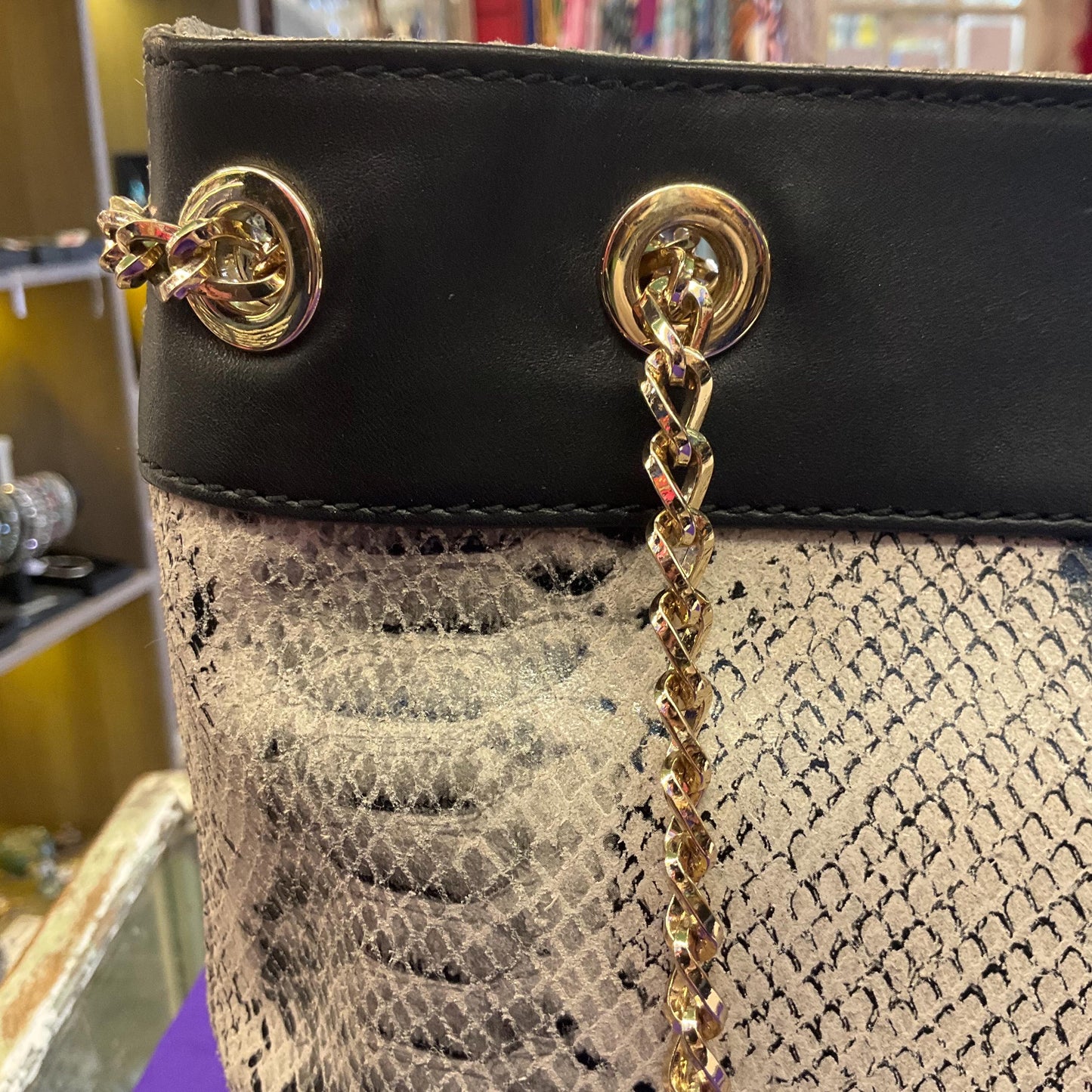 Vintage PAUL COSTELLO Large Black and Grey Leather Shoulder Bag, Faux snakeskin Print Leather and Gold Tone Chains
