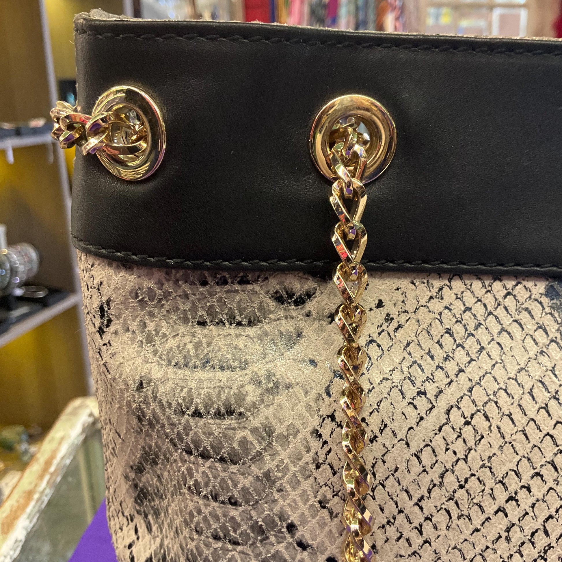 Vintage PAUL COSTELLO Large Black and Grey Leather Shoulder Bag, Faux snakeskin Print Leather and Gold Tone Chains
