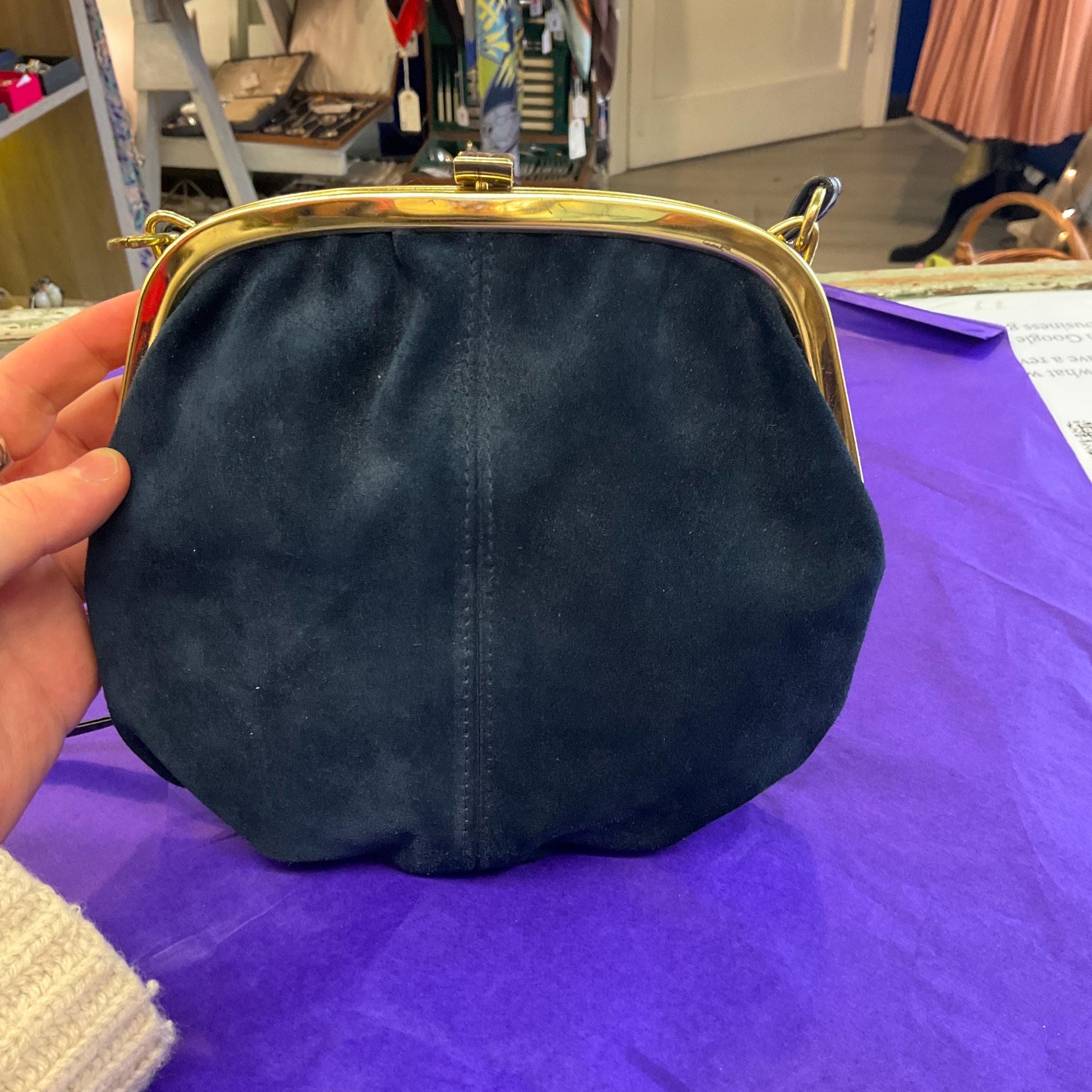 Vintage 1960s/70s Blue Genuine Suede Shoulder Bag with Gold Tone Frame