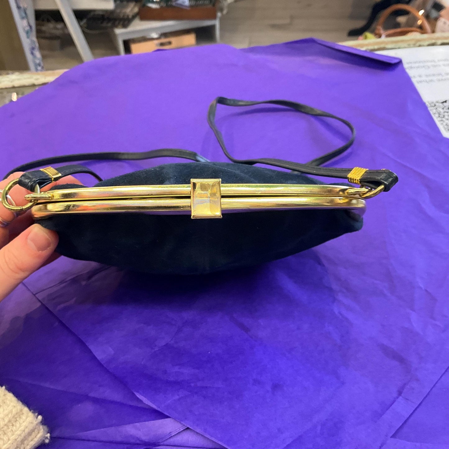 Vintage 1960s/70s Blue Genuine Suede Shoulder Bag with Gold Tone Frame