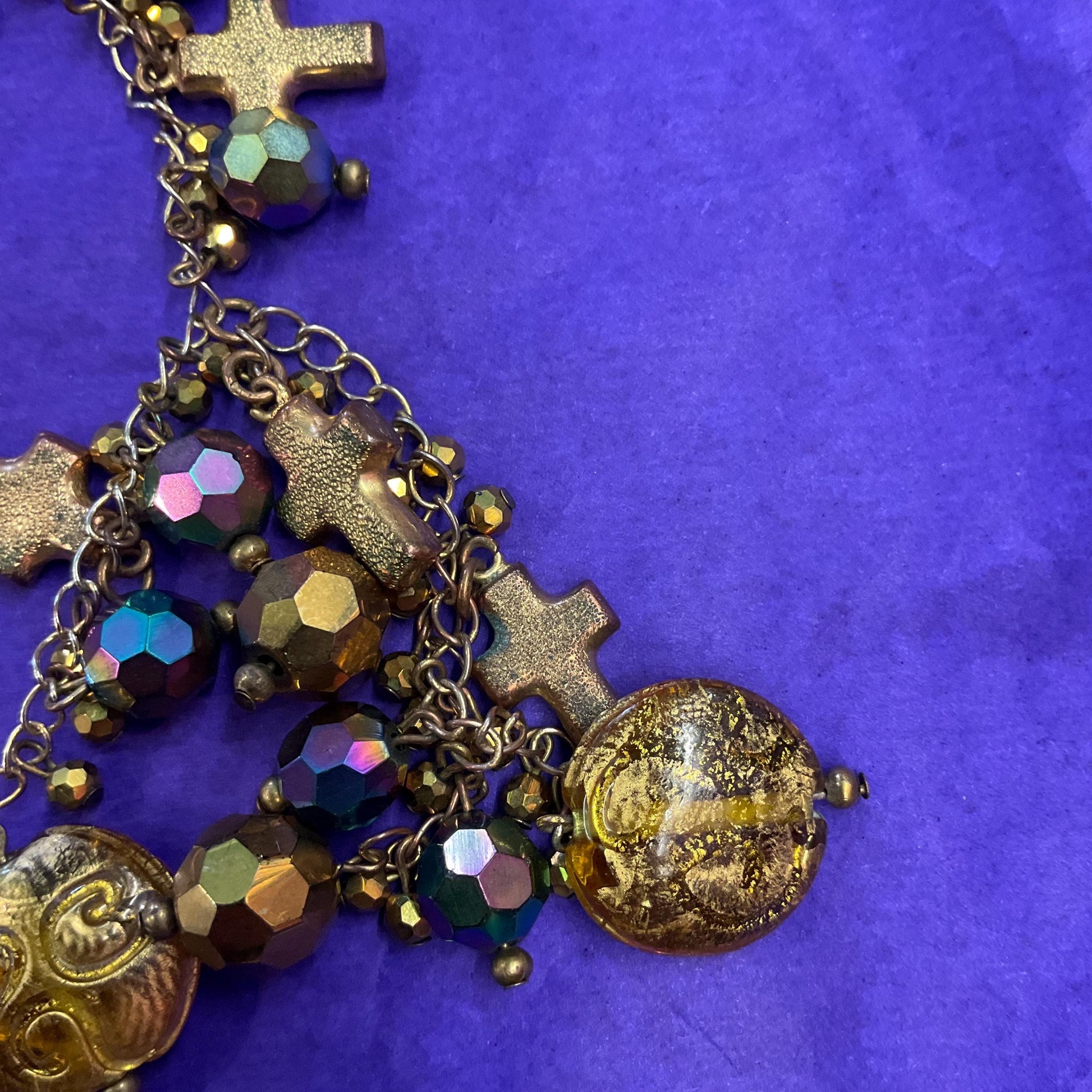 Vintage Butler and Wilson Bohemian Peacock Borealis Crystal and Gold Tone Foiled Glass ‘Y’ Drop Tassled Necklace