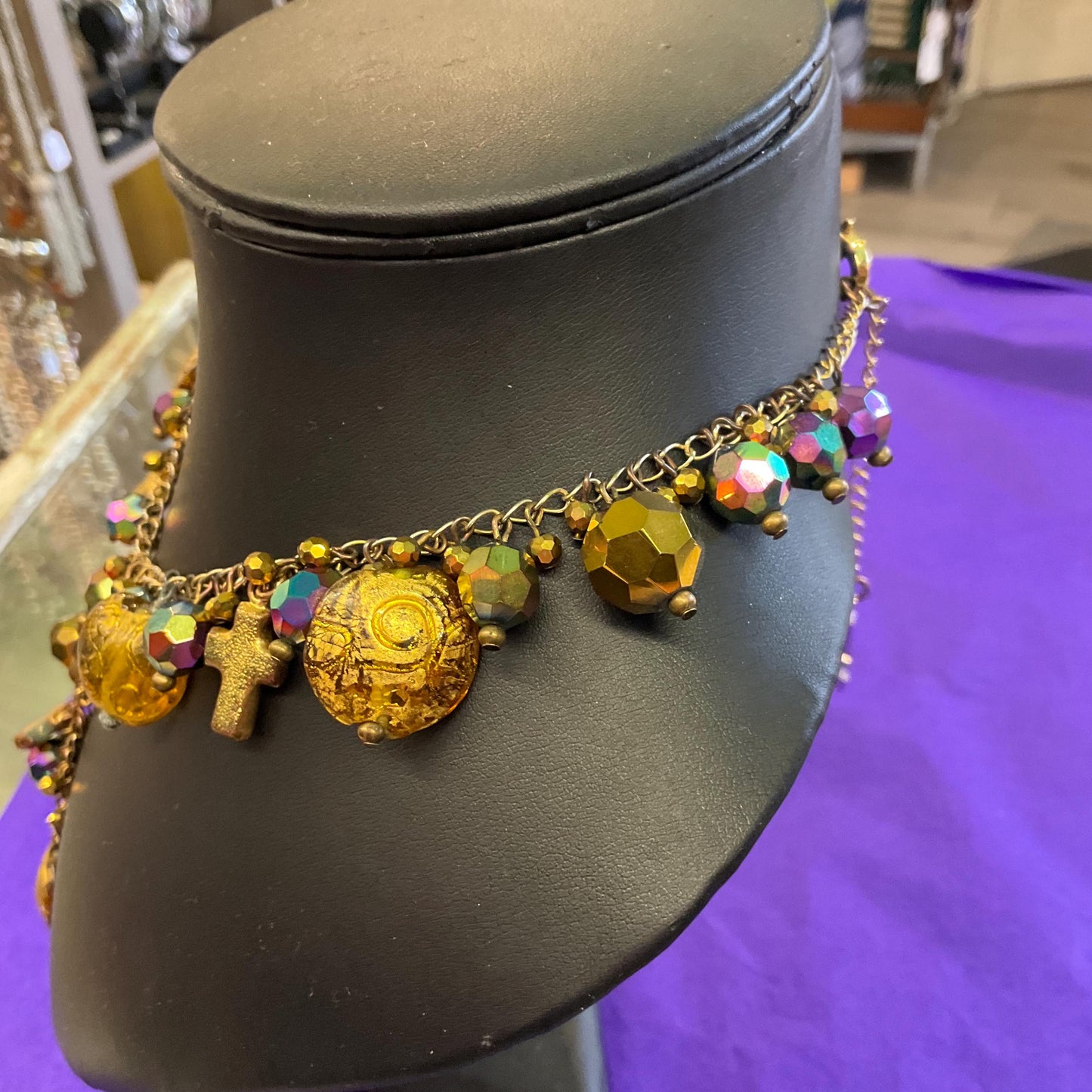 Vintage Butler and Wilson Bohemian Peacock Borealis Crystal and Gold Tone Foiled Glass ‘Y’ Drop Tassled Necklace