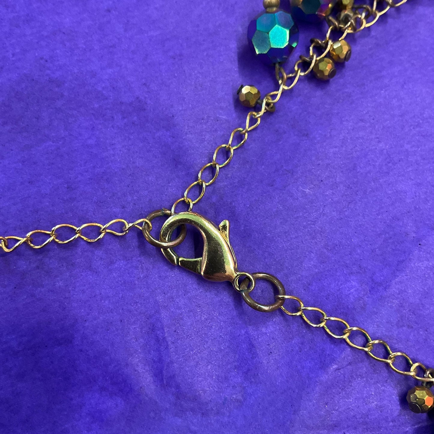 Vintage Butler and Wilson Bohemian Peacock Borealis Crystal and Gold Tone Foiled Glass ‘Y’ Drop Tassled Necklace