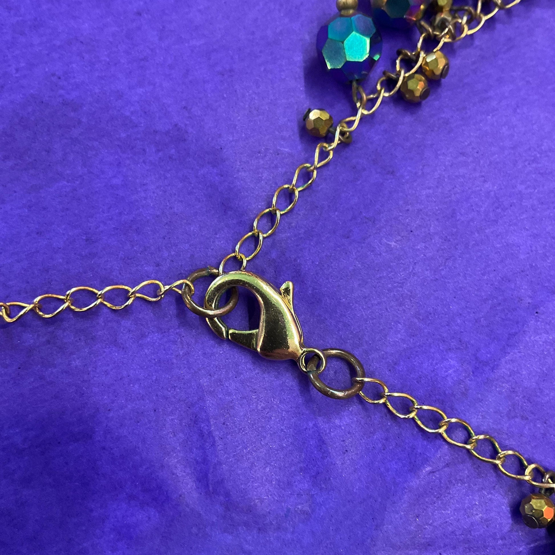 Vintage Butler and Wilson Bohemian Peacock Borealis Crystal and Gold Tone Foiled Glass ‘Y’ Drop Tassled Necklace
