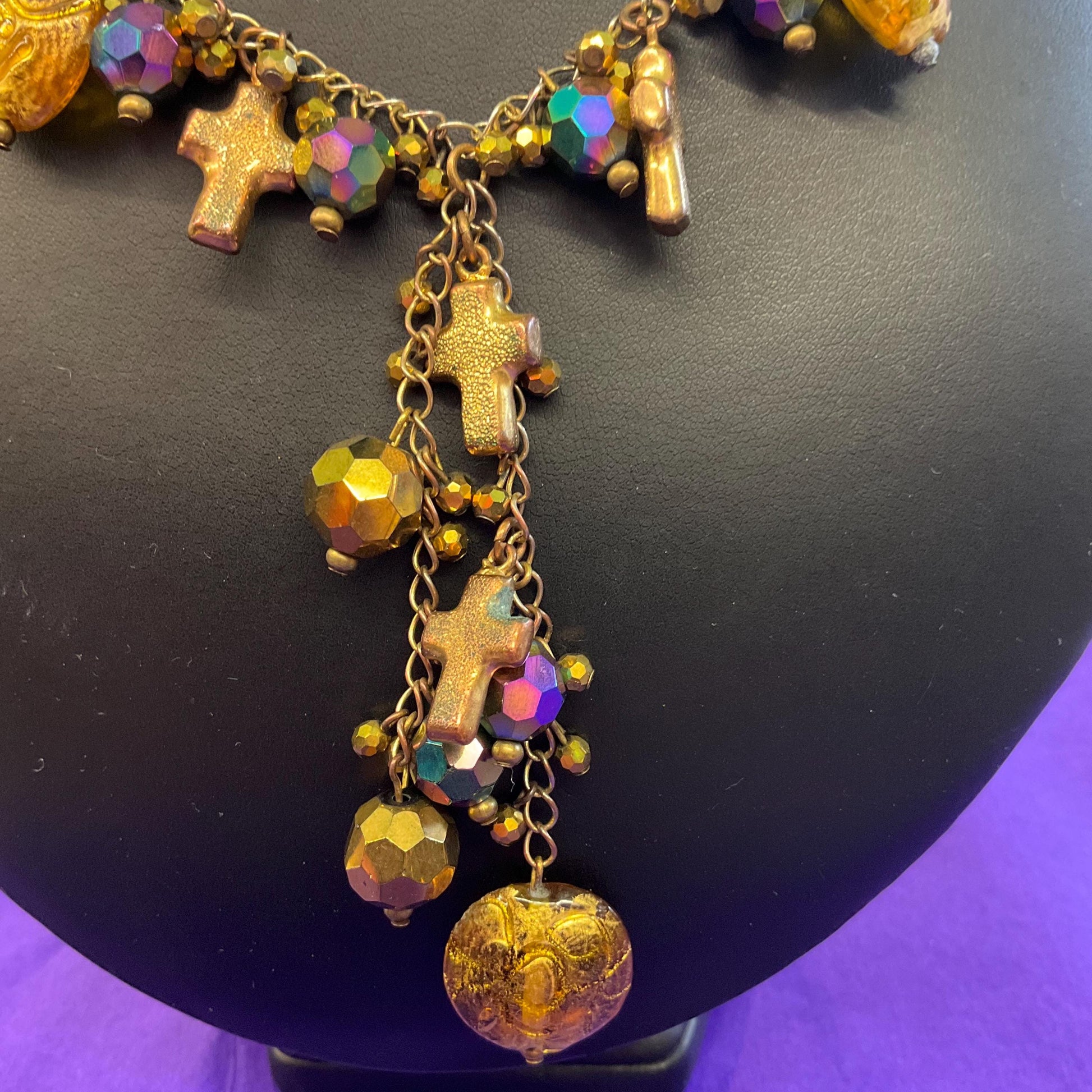 Vintage Butler and Wilson Bohemian Peacock Borealis Crystal and Gold Tone Foiled Glass ‘Y’ Drop Tassled Necklace
