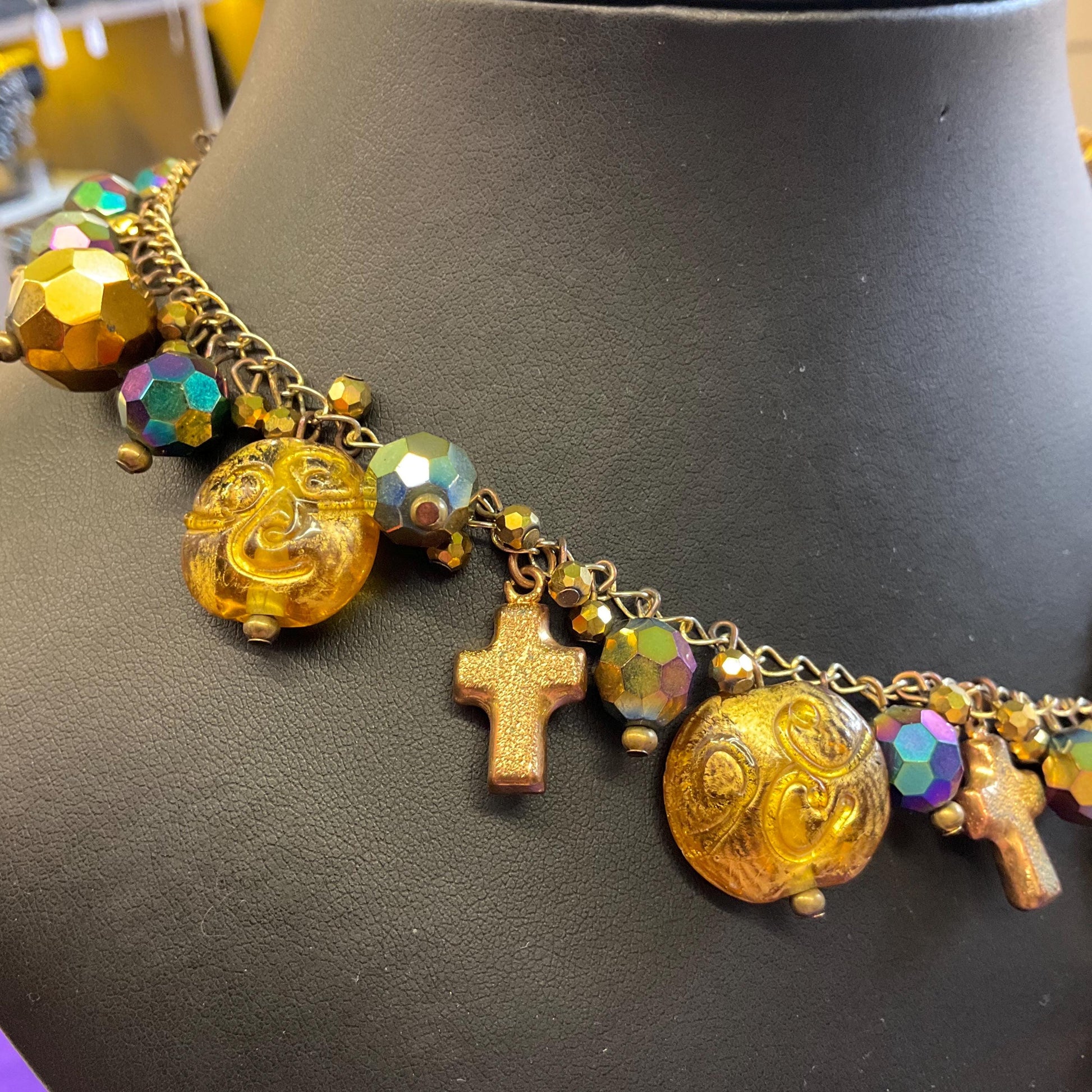 Vintage Butler and Wilson Bohemian Peacock Borealis Crystal and Gold Tone Foiled Glass ‘Y’ Drop Tassled Necklace