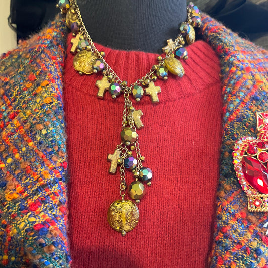 Vintage Butler and Wilson Bohemian Peacock Borealis Crystal and Gold Tone Foiled Glass ‘Y’ Drop Tassled Necklace