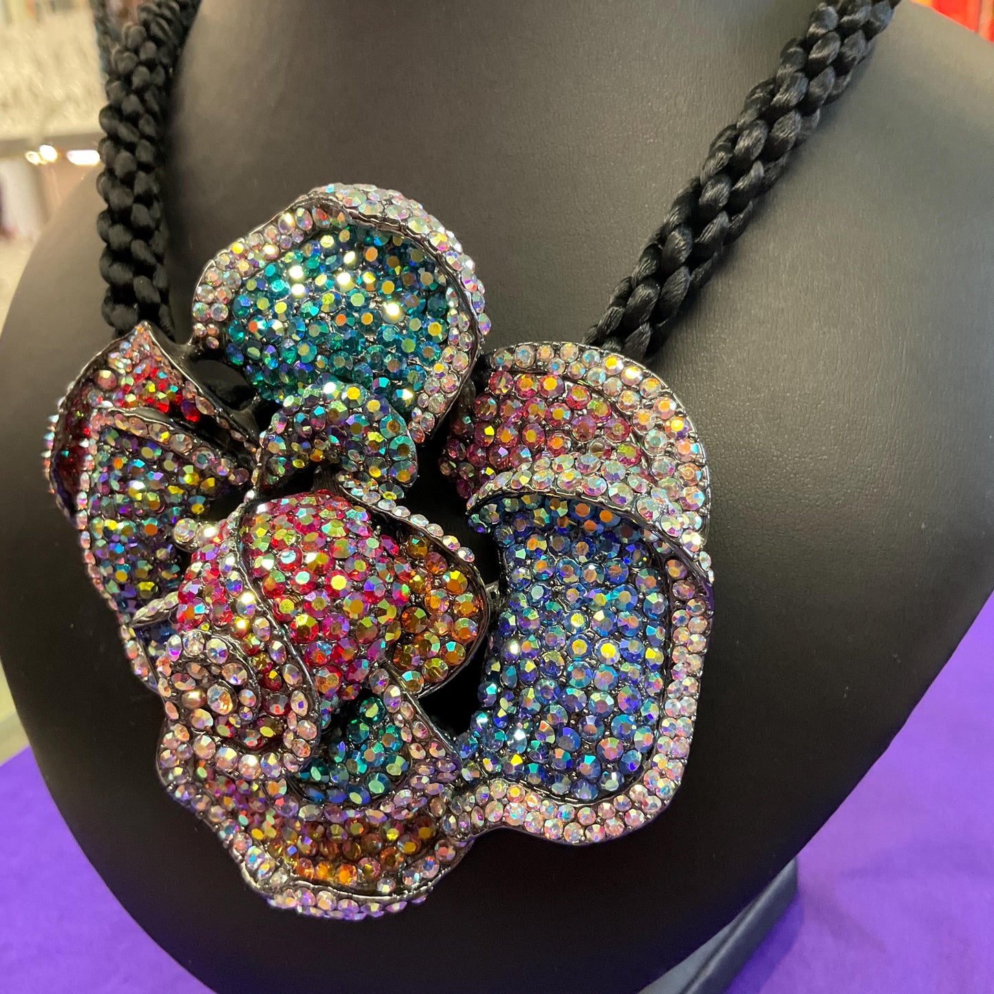 Vintage Butler and Wilson Oversized Rainbow Rose Crystal Necklace, Borealis Rhinestones onto a Black Silky Cord