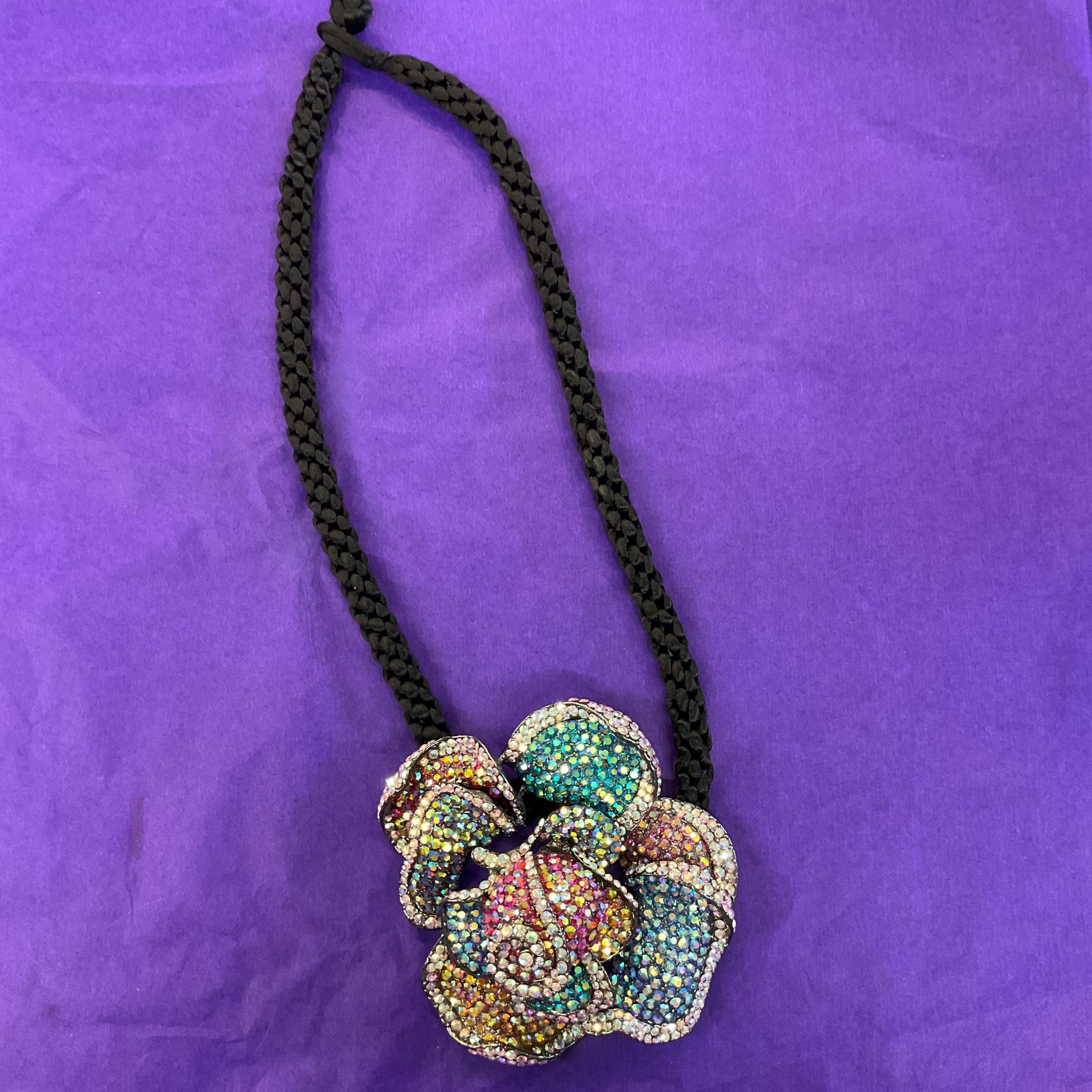 Vintage Butler and Wilson Oversized Rainbow Rose Crystal Necklace, Borealis Rhinestones onto a Black Silky Cord