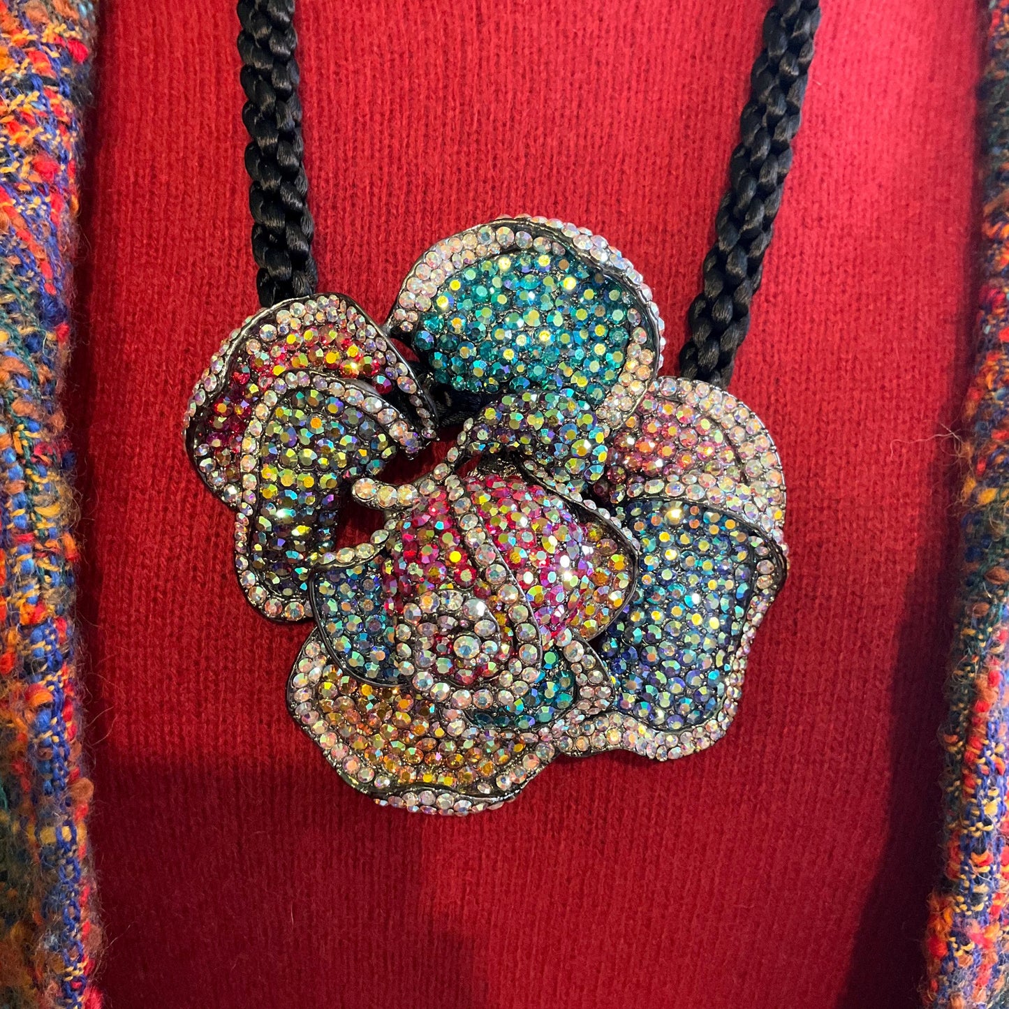 Vintage Butler and Wilson Oversized Rainbow Rose Crystal Necklace, Borealis Rhinestones onto a Black Silky Cord
