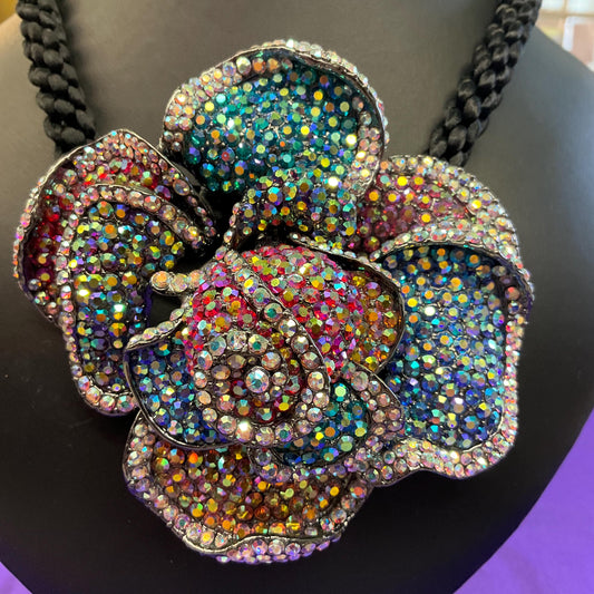 Vintage Butler and Wilson Oversized Rainbow Rose Crystal Necklace, Borealis Rhinestones onto a Black Silky Cord