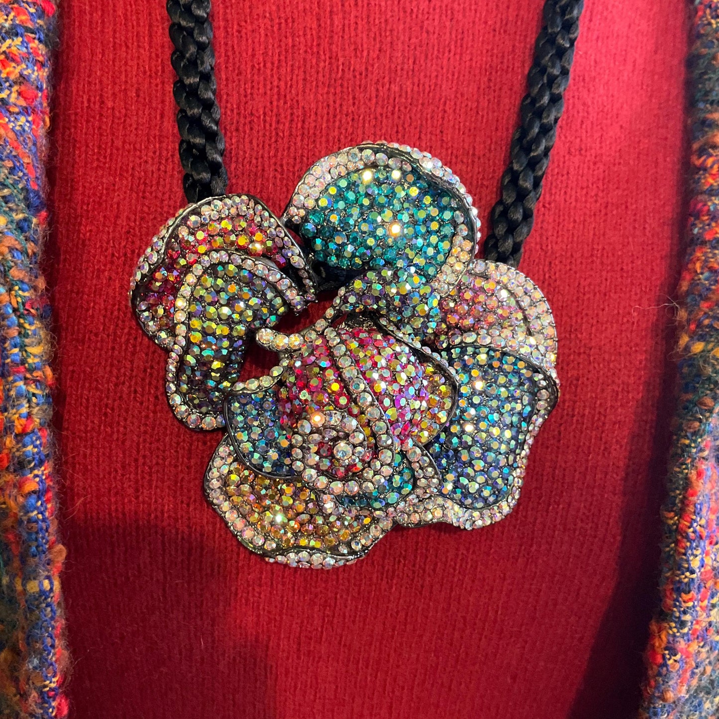 Vintage Butler and Wilson Oversized Rainbow Rose Crystal Necklace, Borealis Rhinestones onto a Black Silky Cord