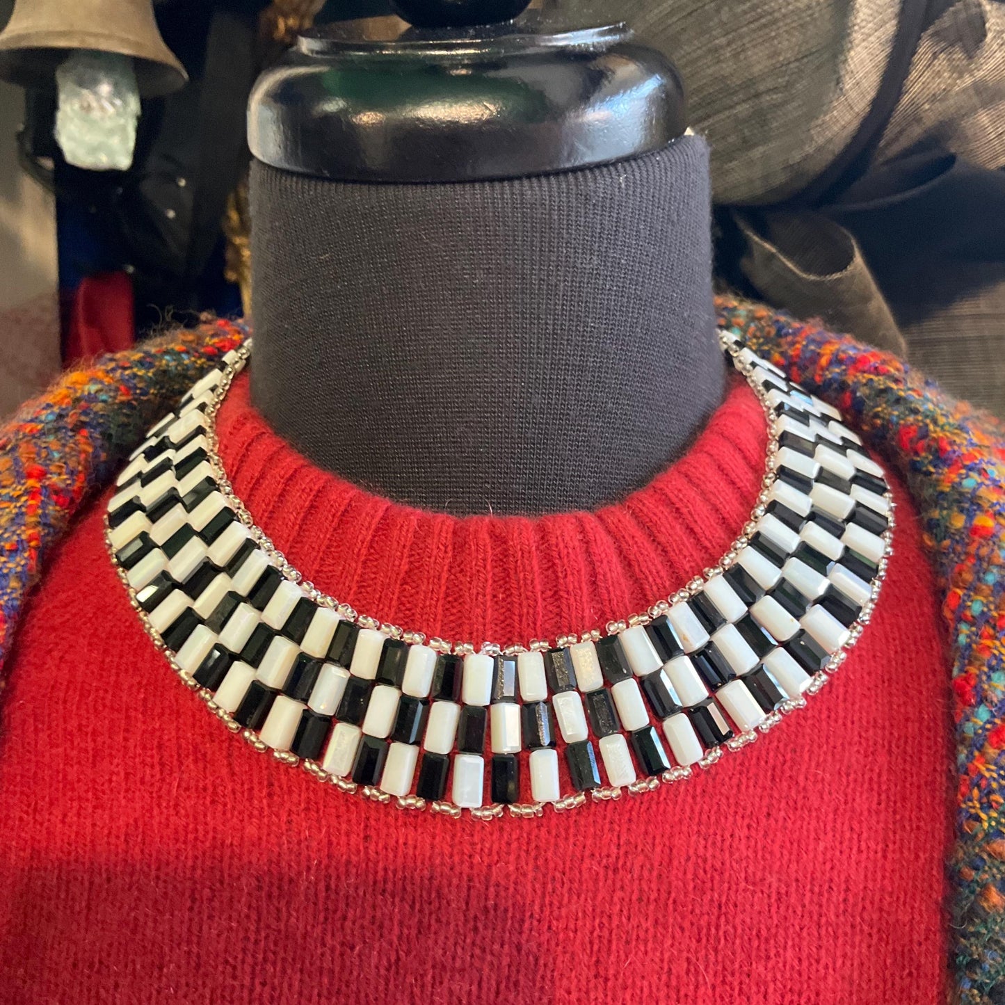 Vintage Butler and Wilson Art Deco Style Monotone Aurora Borealis and Black Crystal Statement Collar Necklace