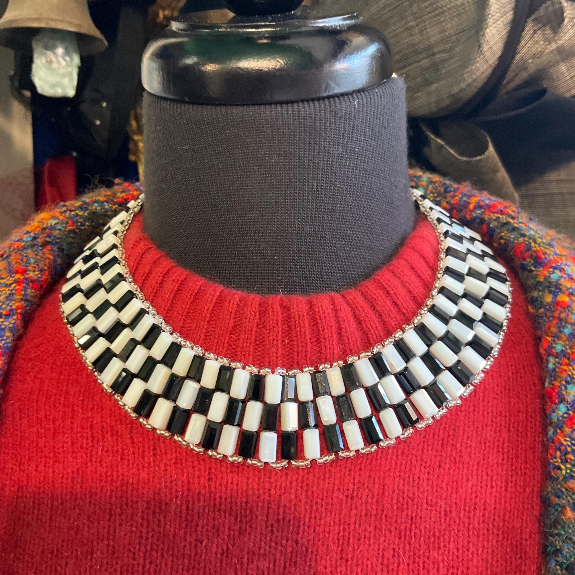 Vintage Butler and Wilson Art Deco Style Monotone Aurora Borealis and Black Crystal Statement Collar Necklace