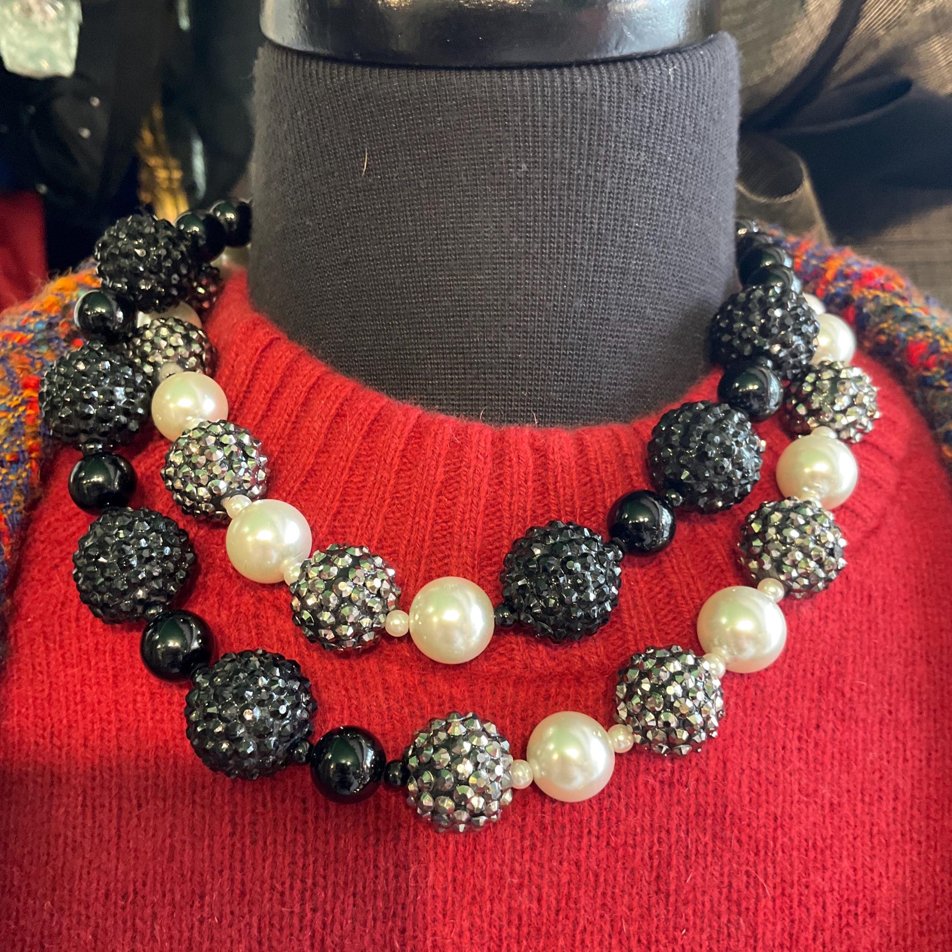 Vintage Butler and Wilson Black, White and Silver Asymetric Statement Beaded Necklace, Faux Pearls and Crystal Encrusted Beads
