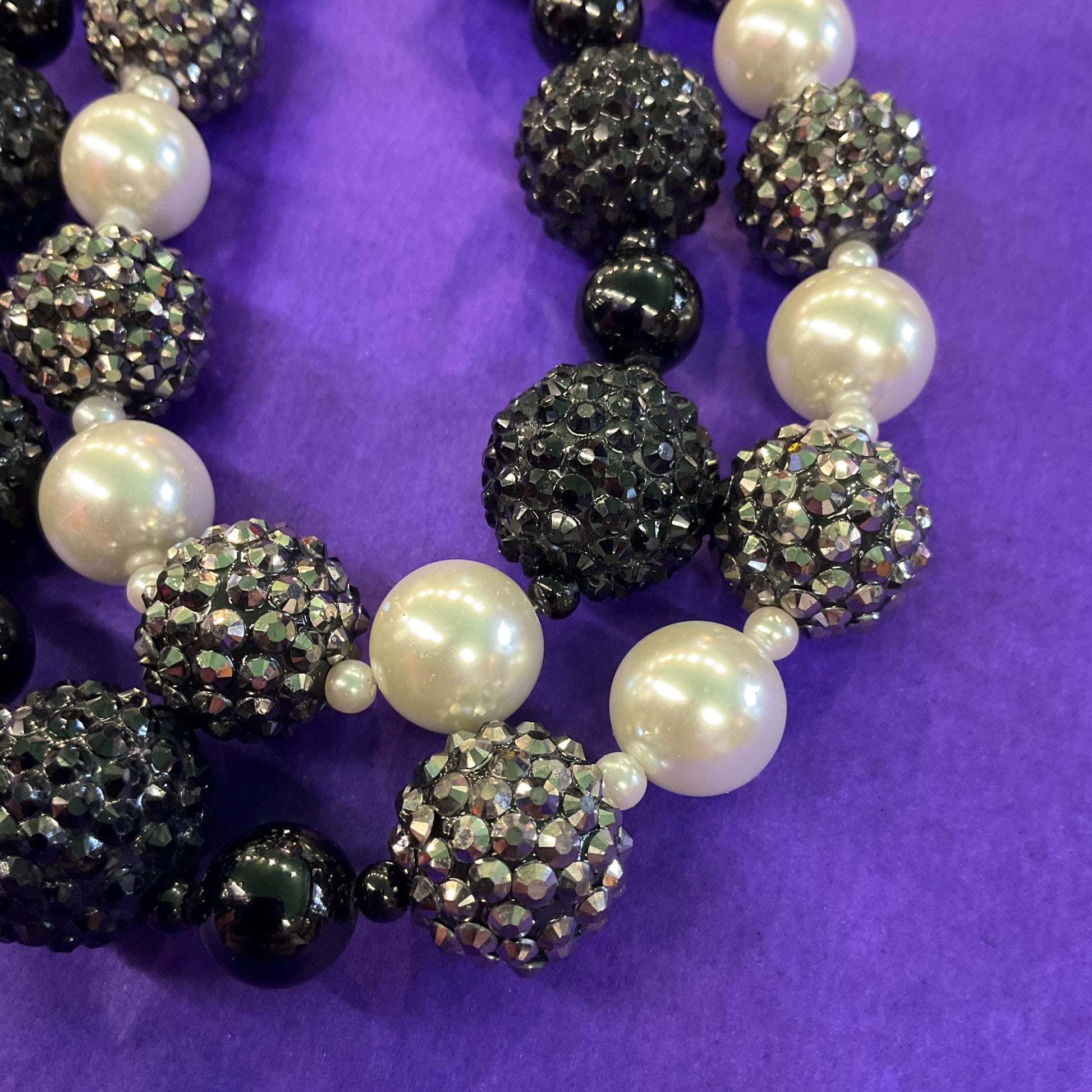 Vintage Butler and Wilson Black, White and Silver Asymetric Statement Beaded Necklace, Faux Pearls and Crystal Encrusted Beads