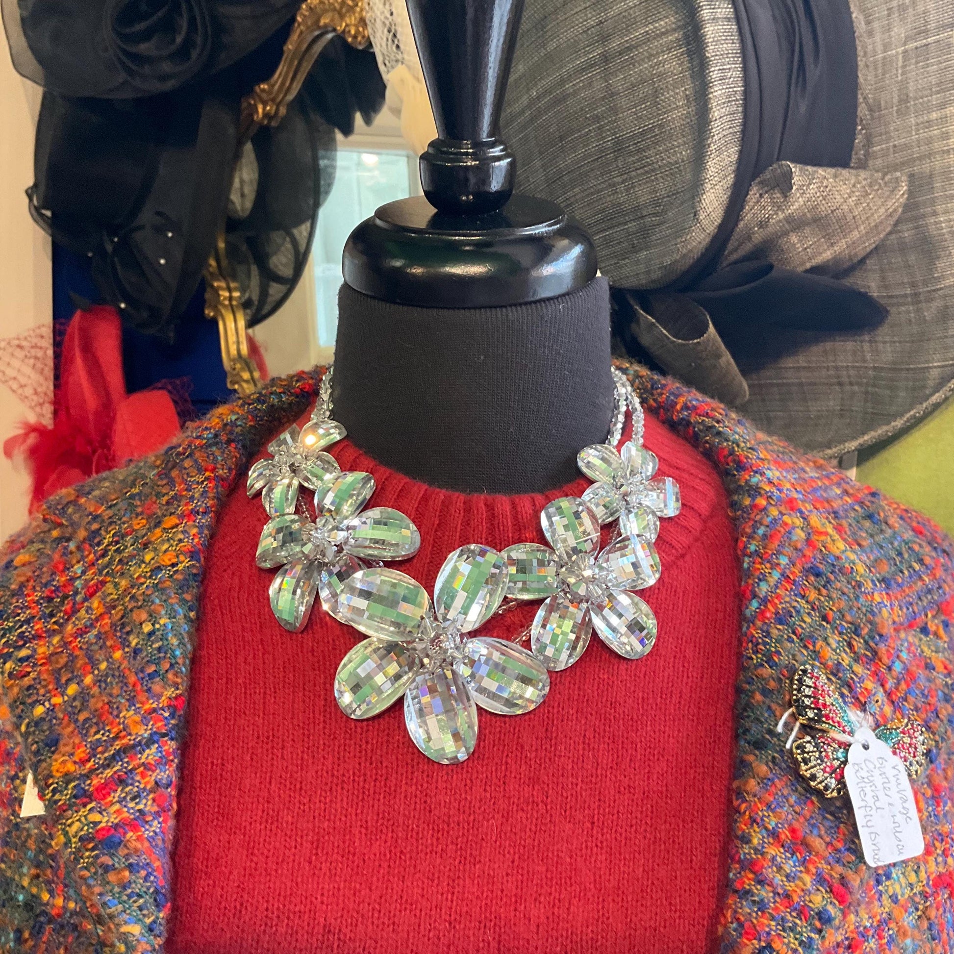 Vintage Butler and Wilson Statement Silver Checkerboard Cut Crystal Floral Necklace, signed in Original Box