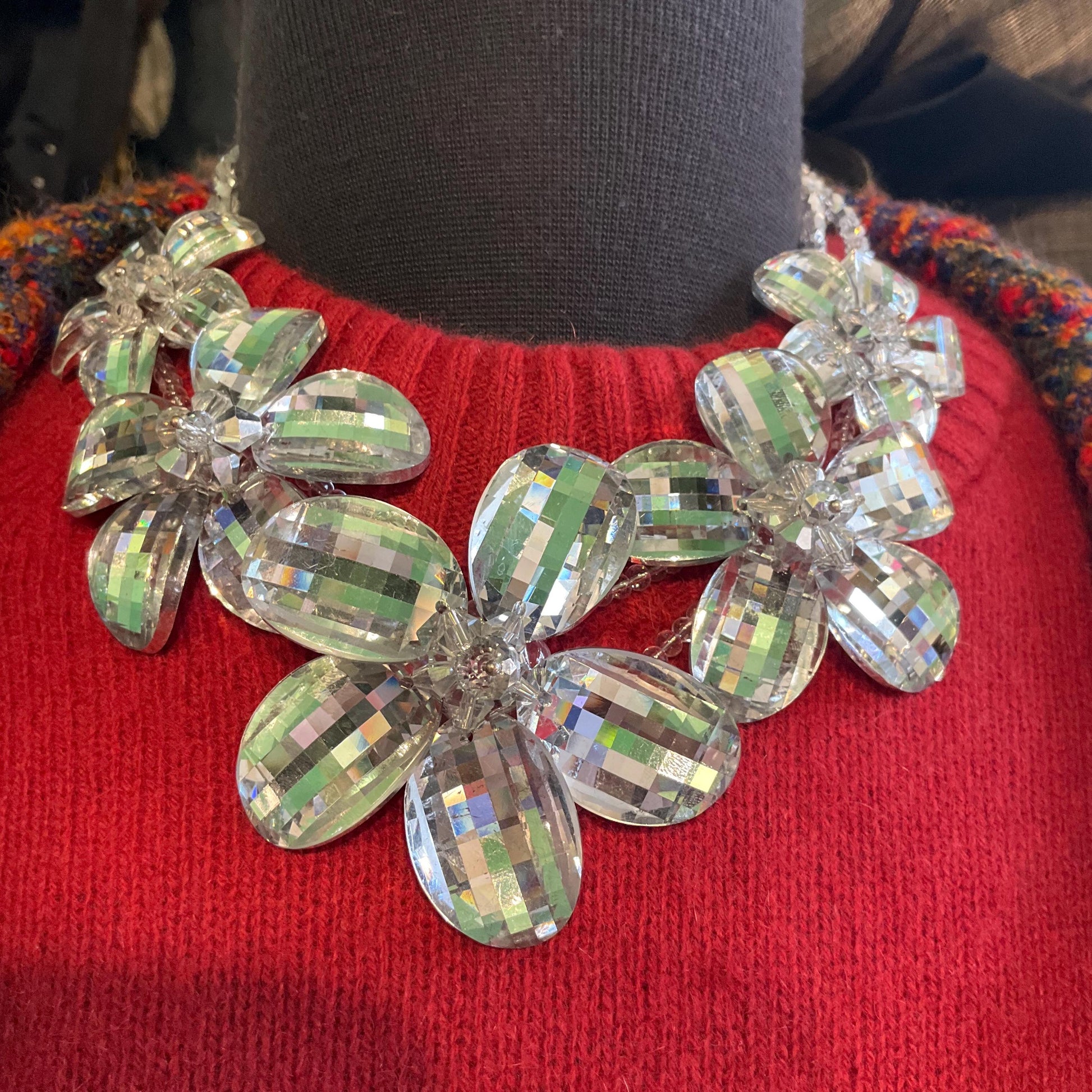 Vintage Butler and Wilson Statement Silver Checkerboard Cut Crystal Floral Necklace, signed in Original Box