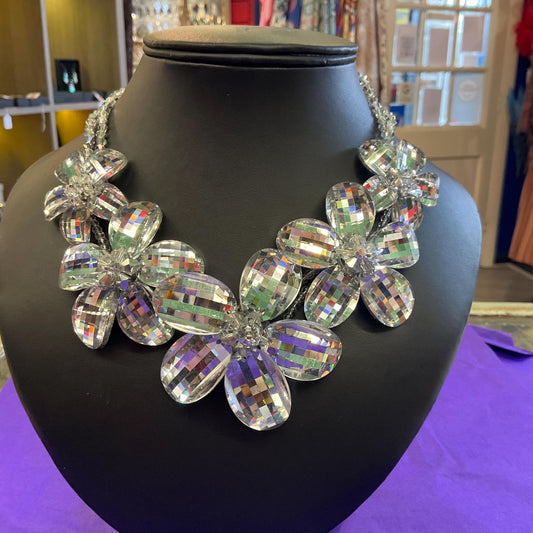 Vintage Butler and Wilson Statement Silver Checkerboard Cut Crystal Floral Necklace, signed in Original Box
