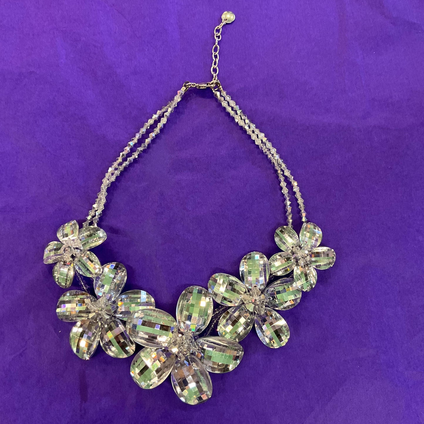 Vintage Butler and Wilson Statement Silver Checkerboard Cut Crystal Floral Necklace, signed in Original Box