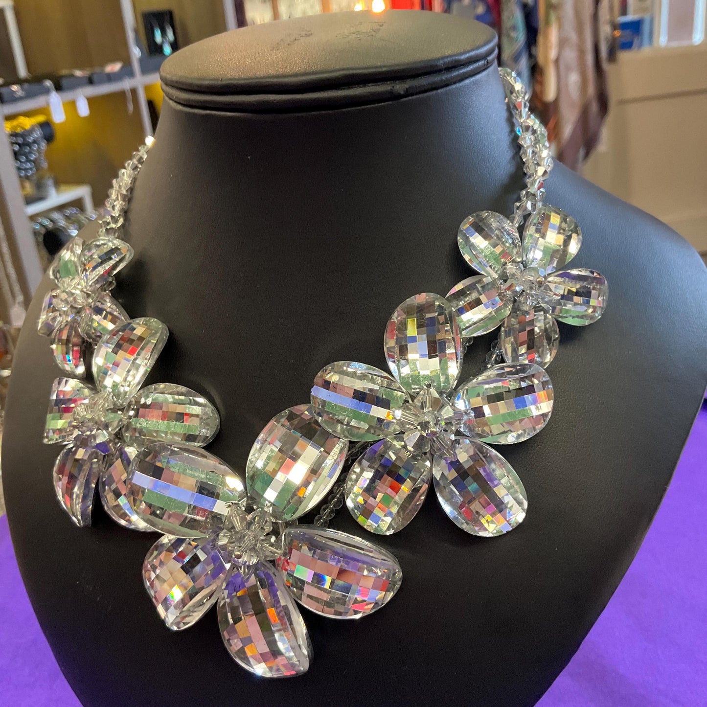 Vintage Butler and Wilson Statement Silver Checkerboard Cut Crystal Floral Necklace, signed in Original Box