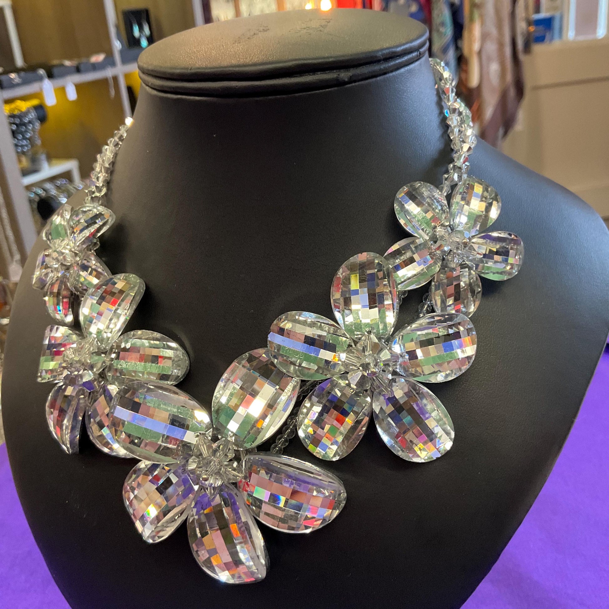 Vintage Butler and Wilson Statement Silver Checkerboard Cut Crystal Floral Necklace, signed in Original Box