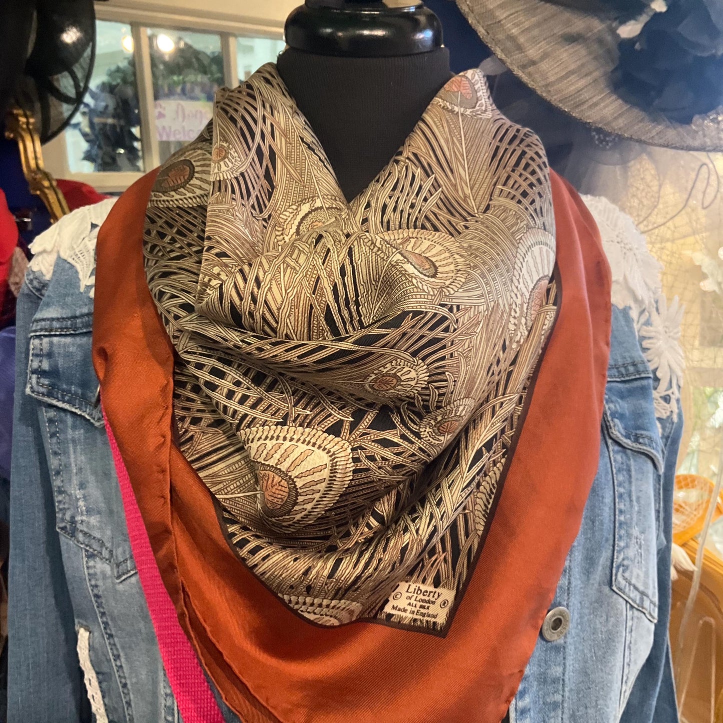Vintage Liberty of London 1970s Large Pure Silk Hera Scarf, Peacock Feather Print in shades of beige , pink and brown