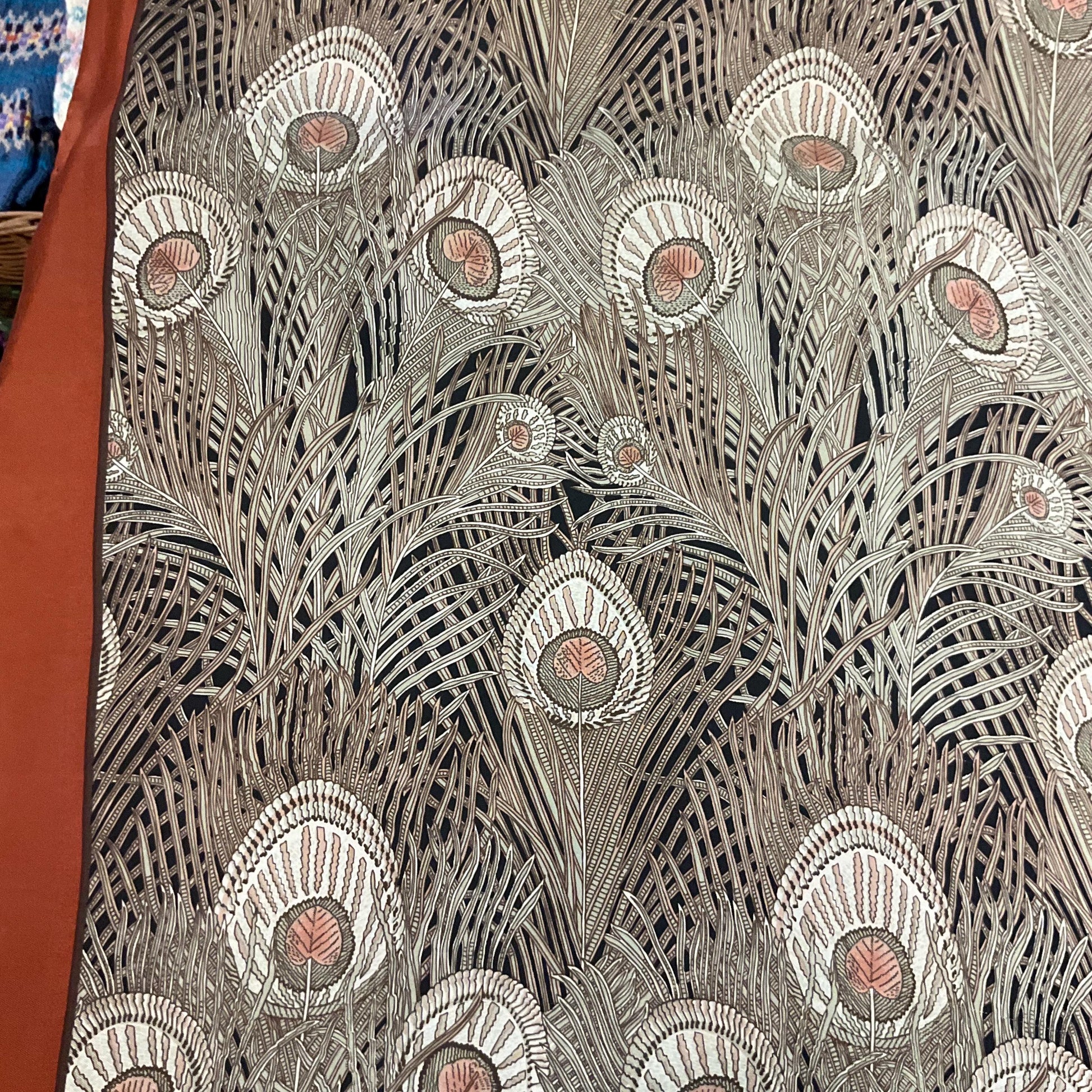 Vintage Liberty of London 1970s Large Pure Silk Hera Scarf, Peacock Feather Print in shades of beige , pink and brown