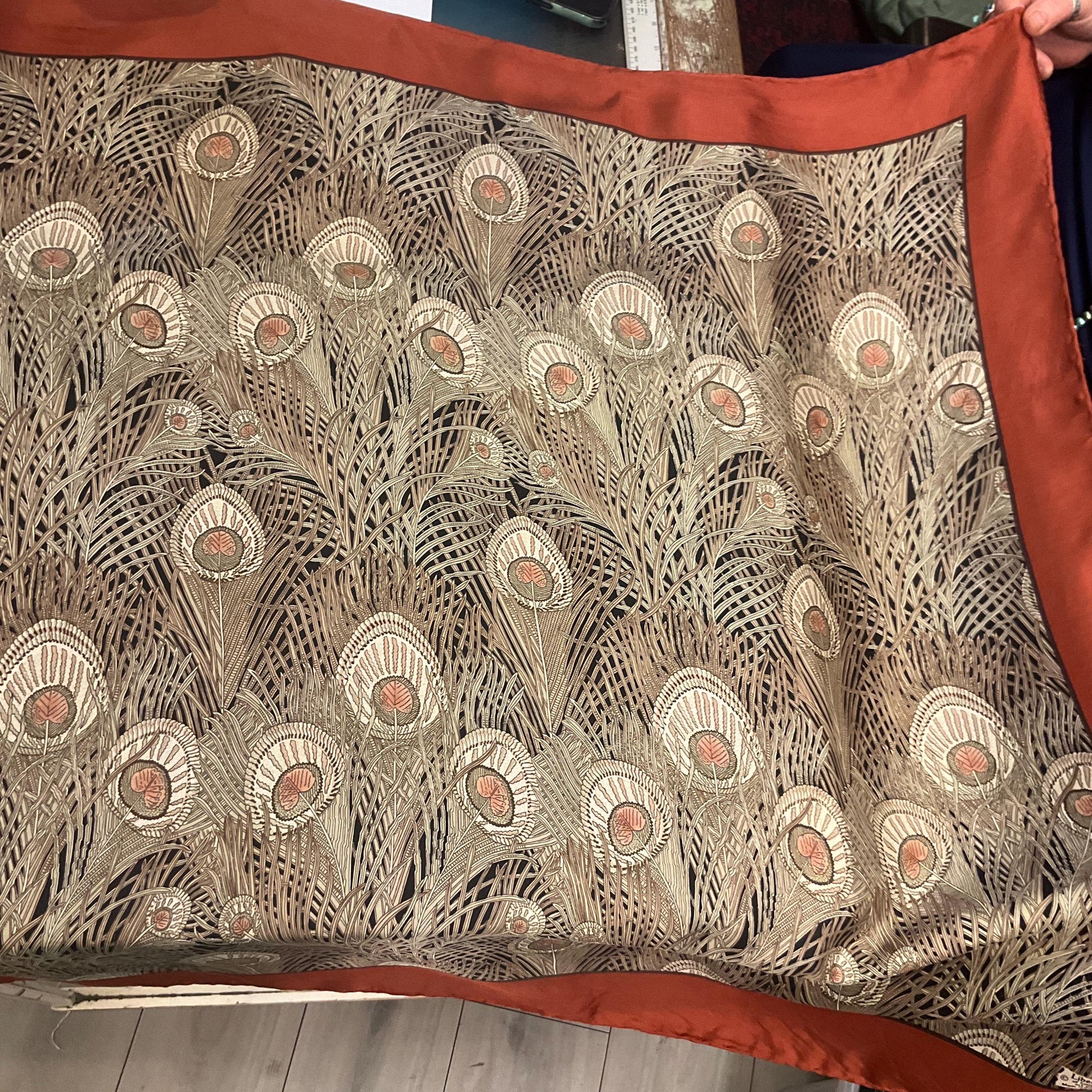 Vintage Liberty of London 1970s Large Pure Silk Hera Scarf, Peacock Feather Print in shades of beige , pink and brown