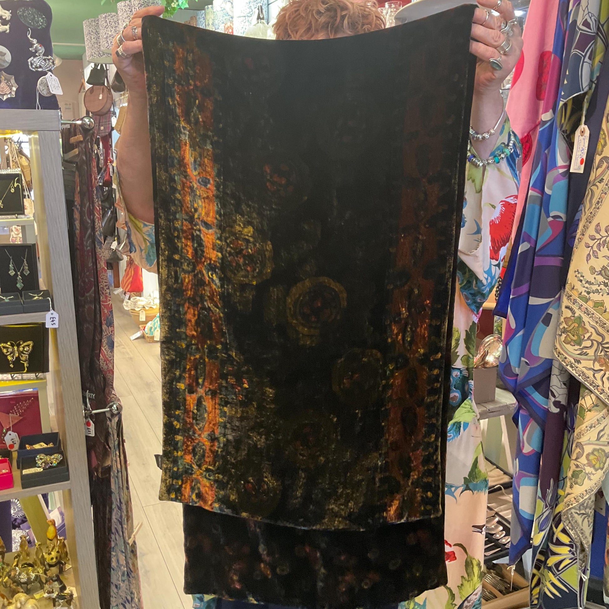 Vintage Liberty Large Silk Velvet Rectangular Shawl/ Evening Wrap, Double Sided with Peacock Feathers and Florals