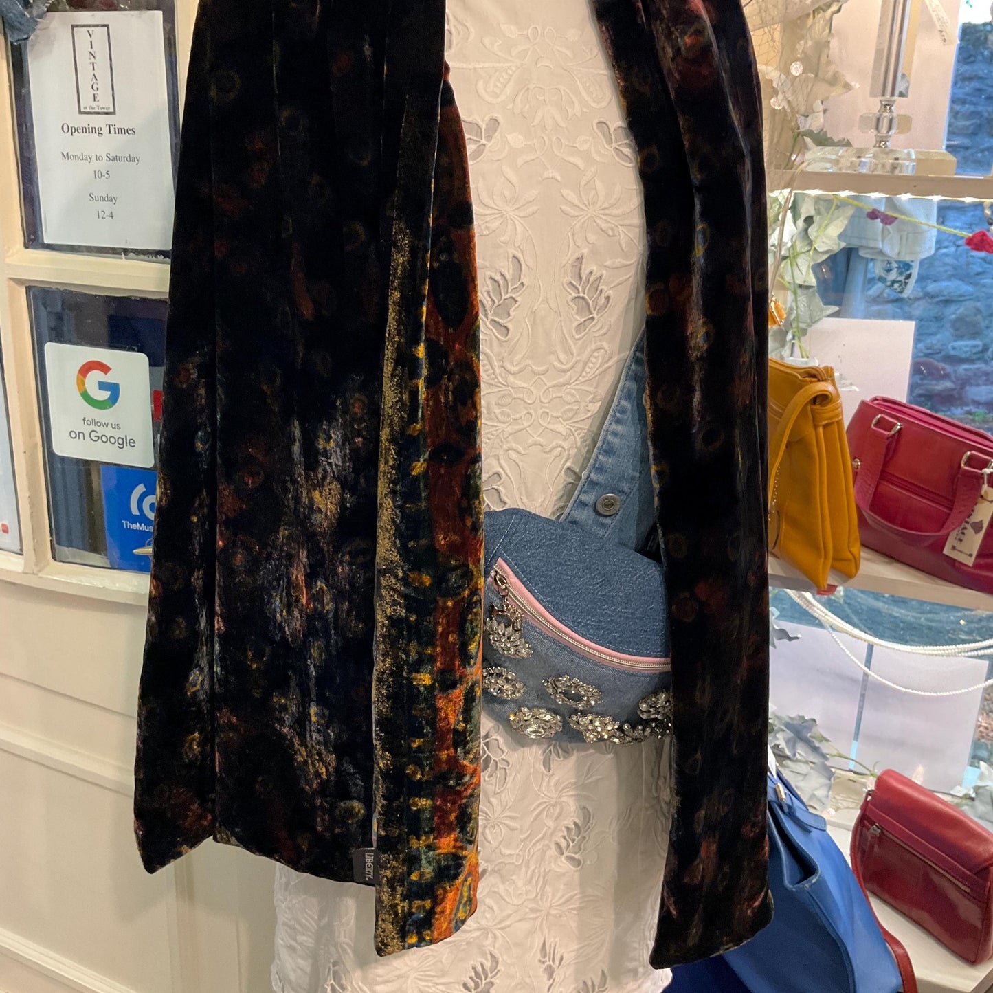 Vintage Liberty Large Silk Velvet Rectangular Shawl/ Evening Wrap, Double Sided with Peacock Feathers and Florals