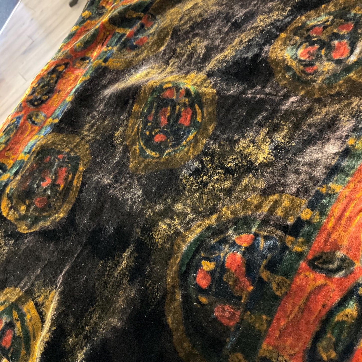 Vintage Liberty Large Silk Velvet Rectangular Shawl/ Evening Wrap, Double Sided with Peacock Feathers and Florals