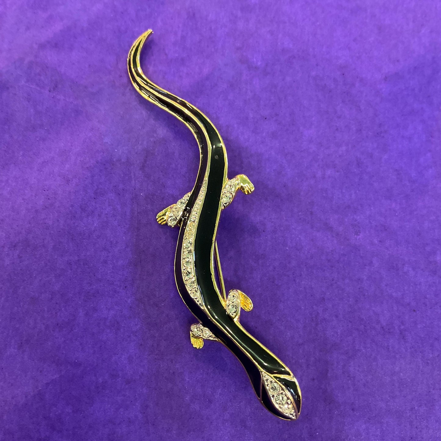 Vintage Trio of Gecko Brooches , Gold Tone with Silver Crystals and Black Enamel, Brooch Cluster