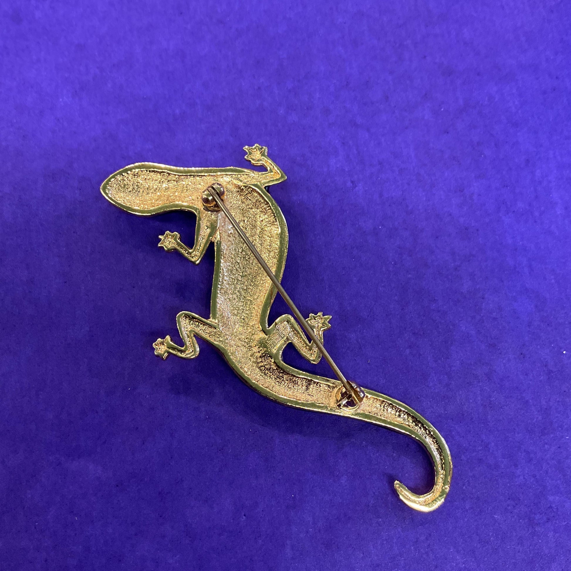 Vintage Trio of Gecko Brooches , Gold Tone with Silver Crystals and Black Enamel, Brooch Cluster