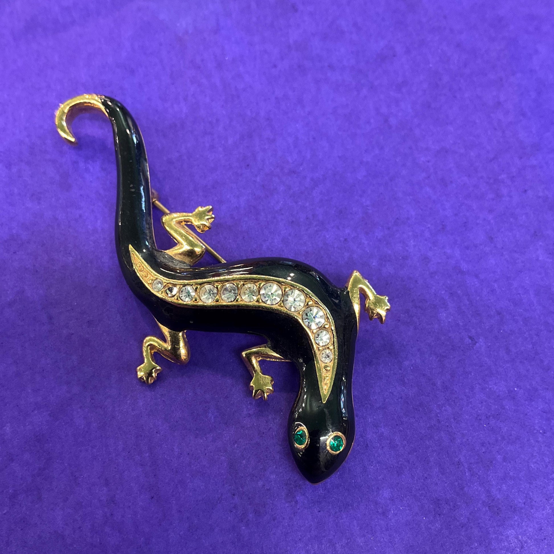 Vintage Trio of Gecko Brooches , Gold Tone with Silver Crystals and Black Enamel, Brooch Cluster