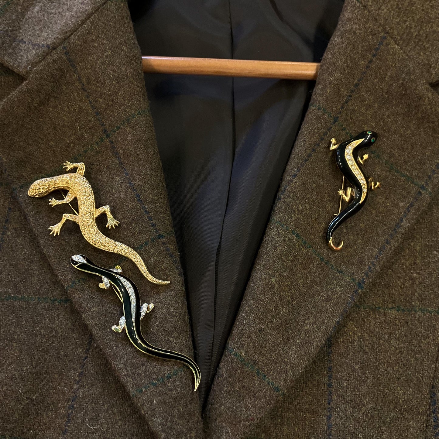 Vintage Trio of Gecko Brooches , Gold Tone with Silver Crystals and Black Enamel, Brooch Cluster