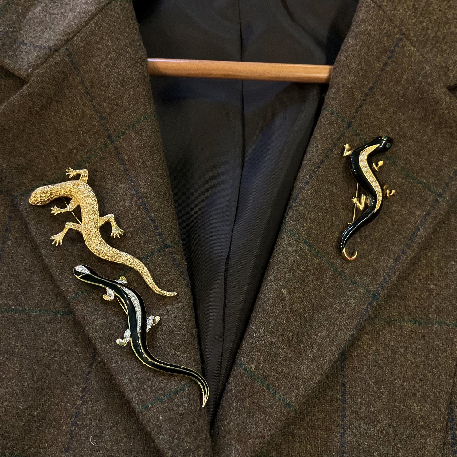 Vintage Trio of Gecko Brooches , Gold Tone with Silver Crystals and Black Enamel, Brooch Cluster