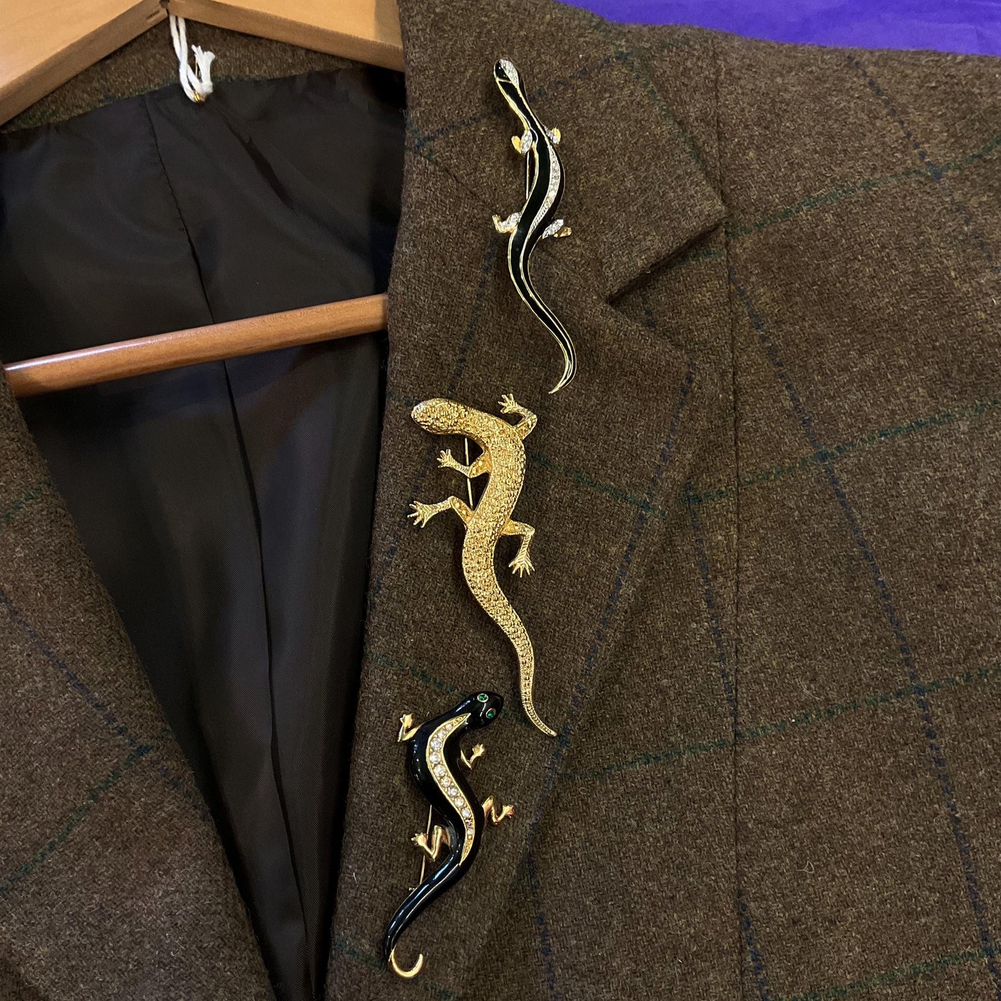Vintage Trio of Gecko Brooches , Gold Tone with Silver Crystals and Black Enamel, Brooch Cluster