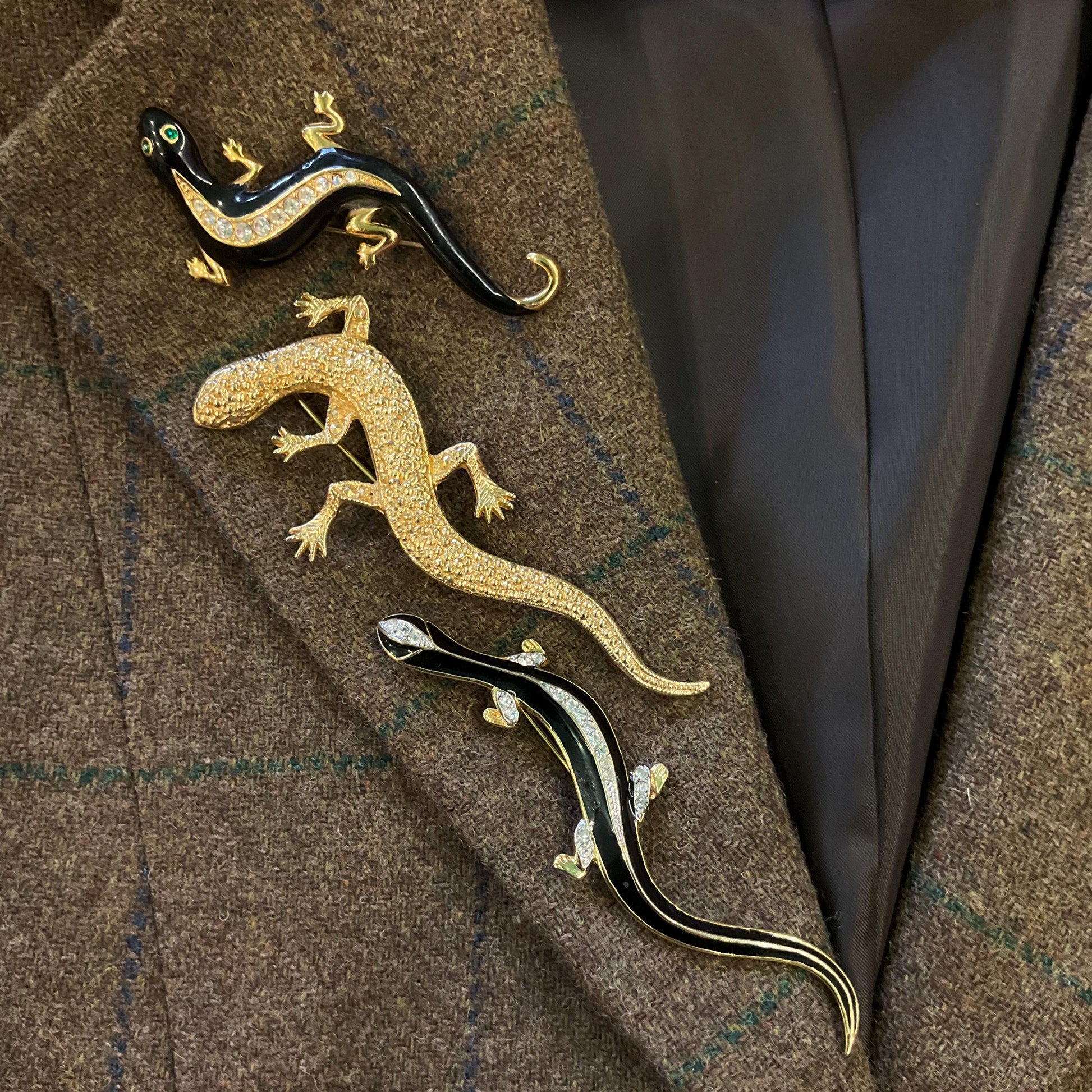 Vintage Trio of Gecko Brooches , Gold Tone with Silver Crystals and Black Enamel, Brooch Cluster