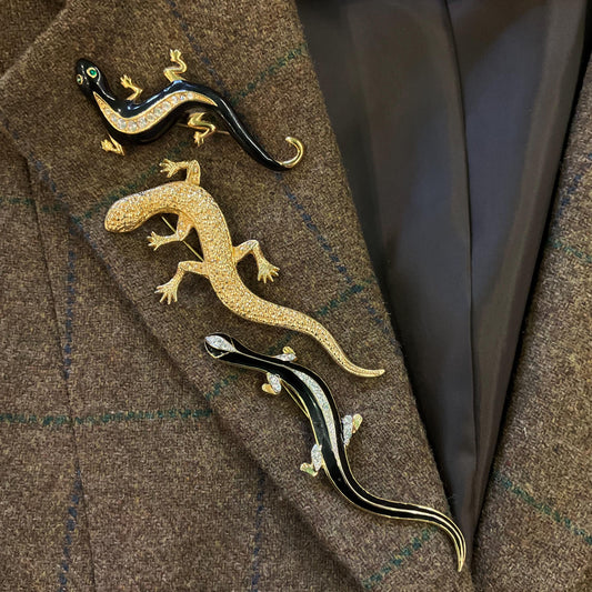 Vintage Trio of Gecko Brooches , Gold Tone with Silver Crystals and Black Enamel, Brooch Cluster