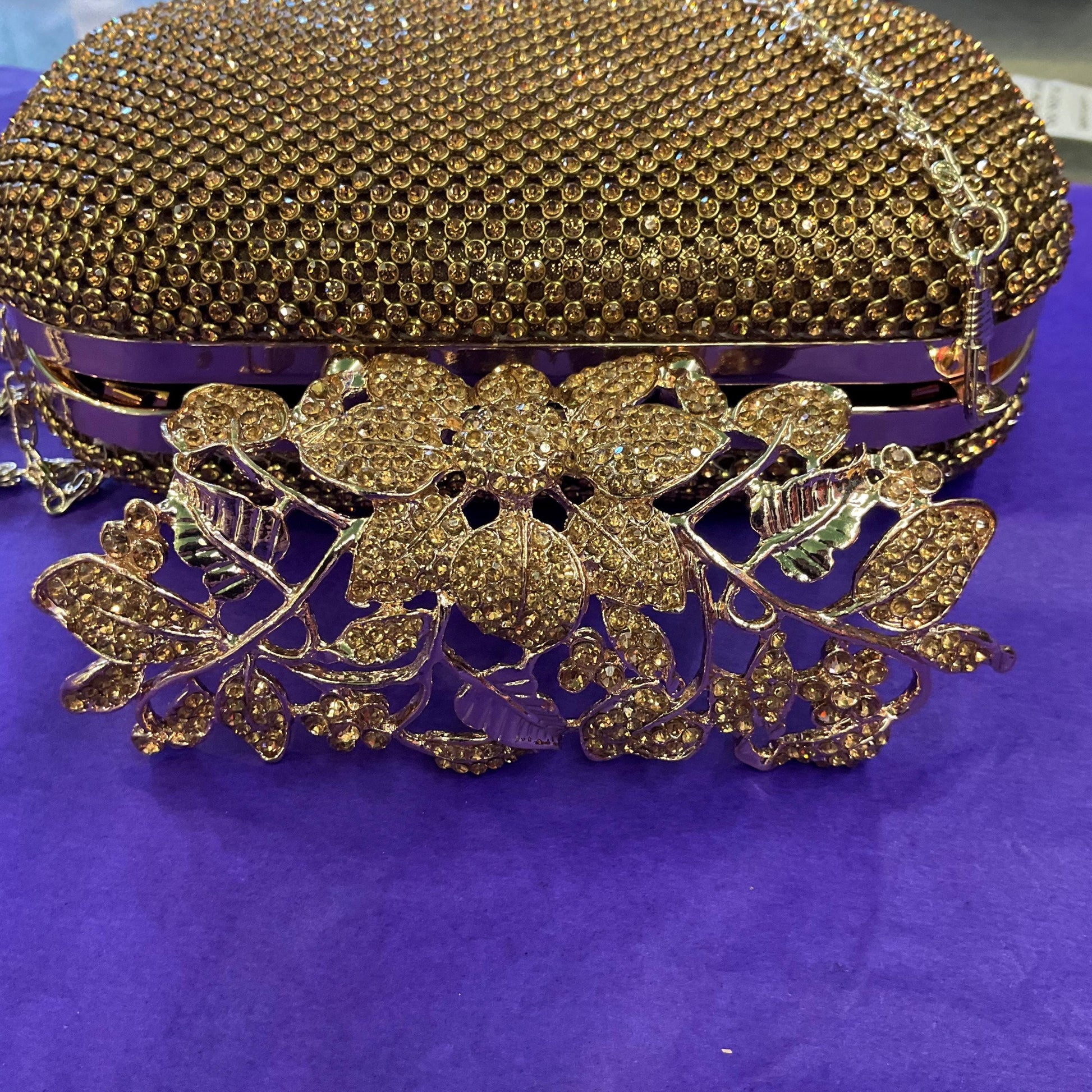 Vintage SHEHERAZAD Gold Crustal Clutch or Shoulder Bag with Ornate Floral Rollover catch