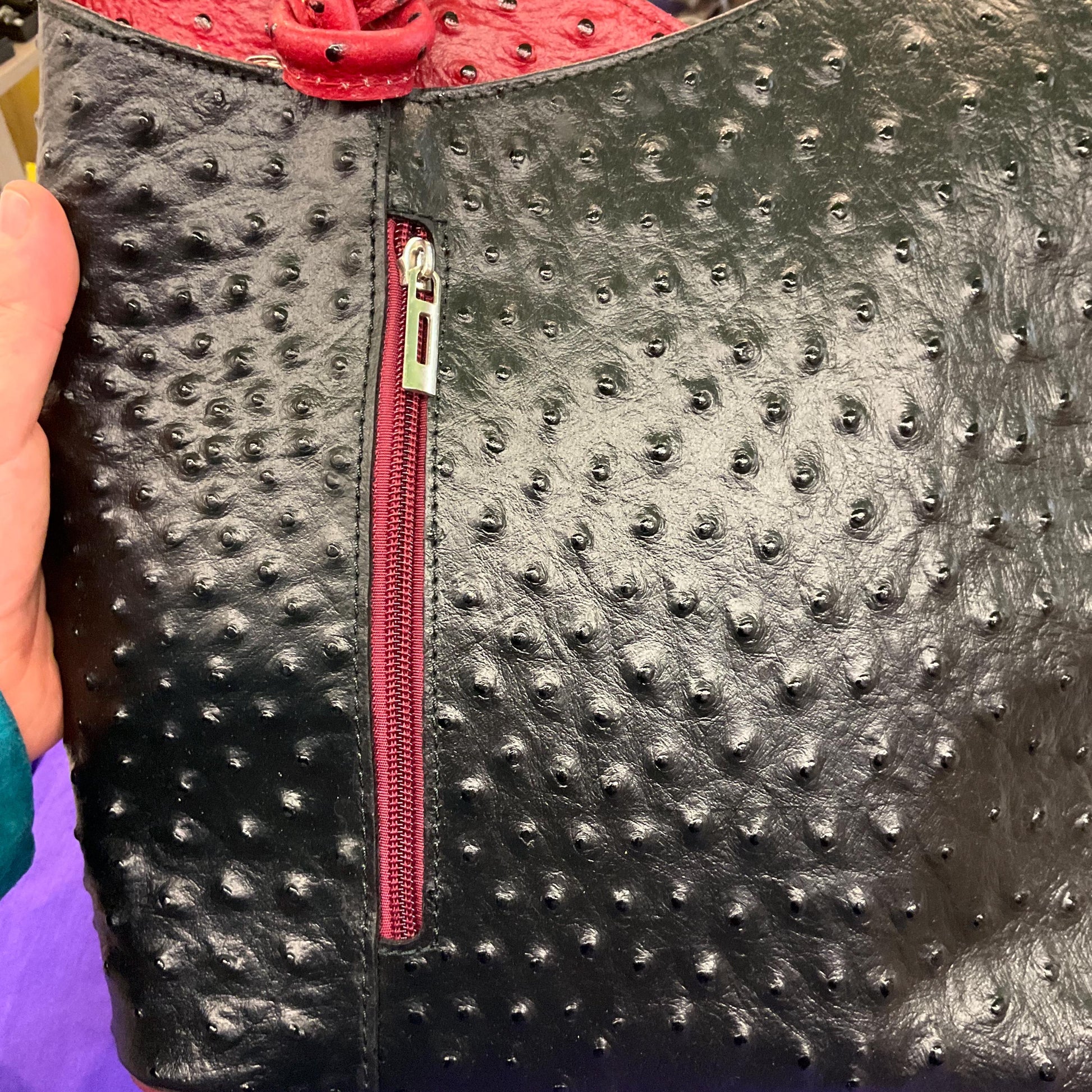 Vintage Italian Large Red and Black Leather Convertble Shoulder Bag or Backpack, Faux Ostrich Embossed Leather