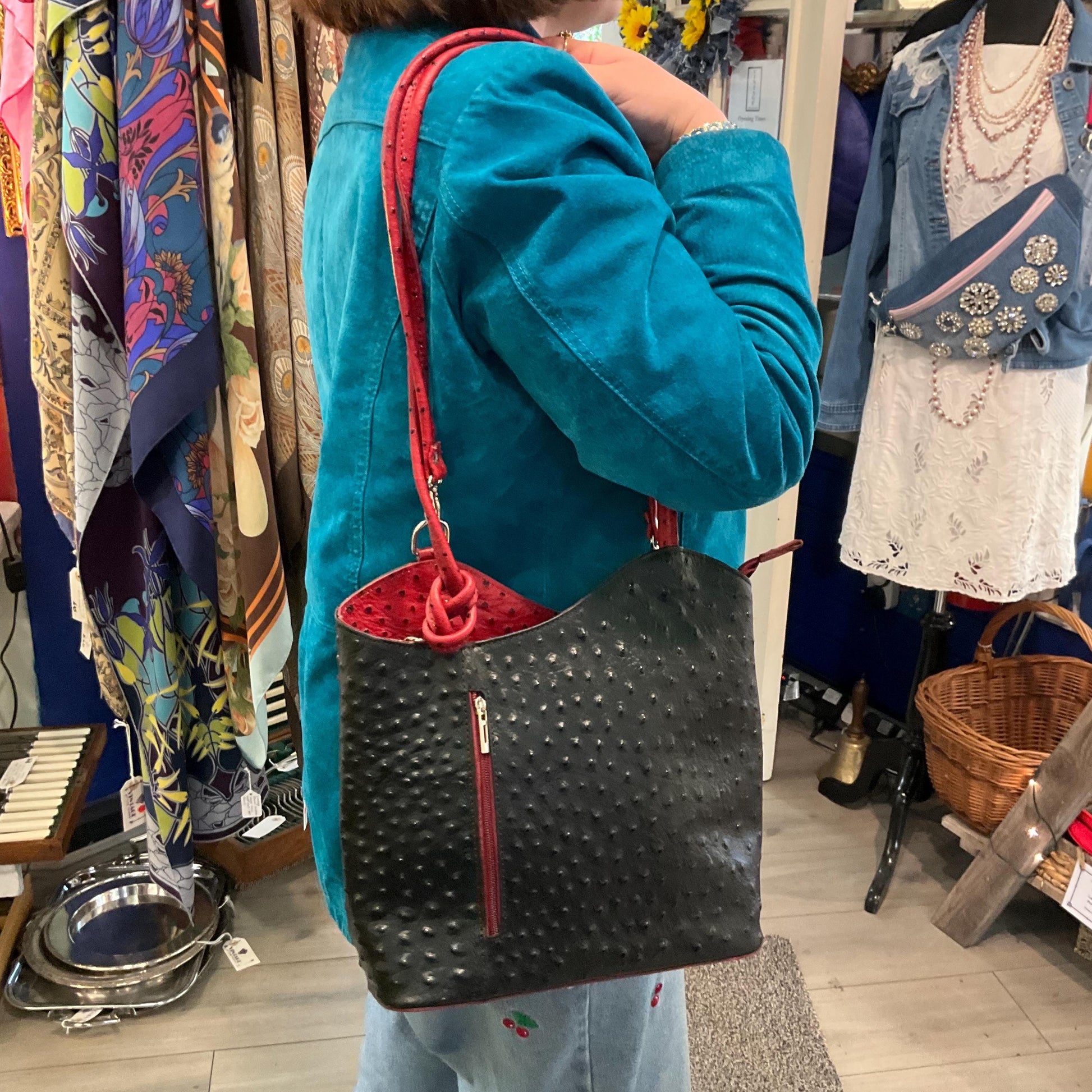 Vintage Italian Large Red and Black Leather Convertble Shoulder Bag or Backpack, Faux Ostrich Embossed Leather