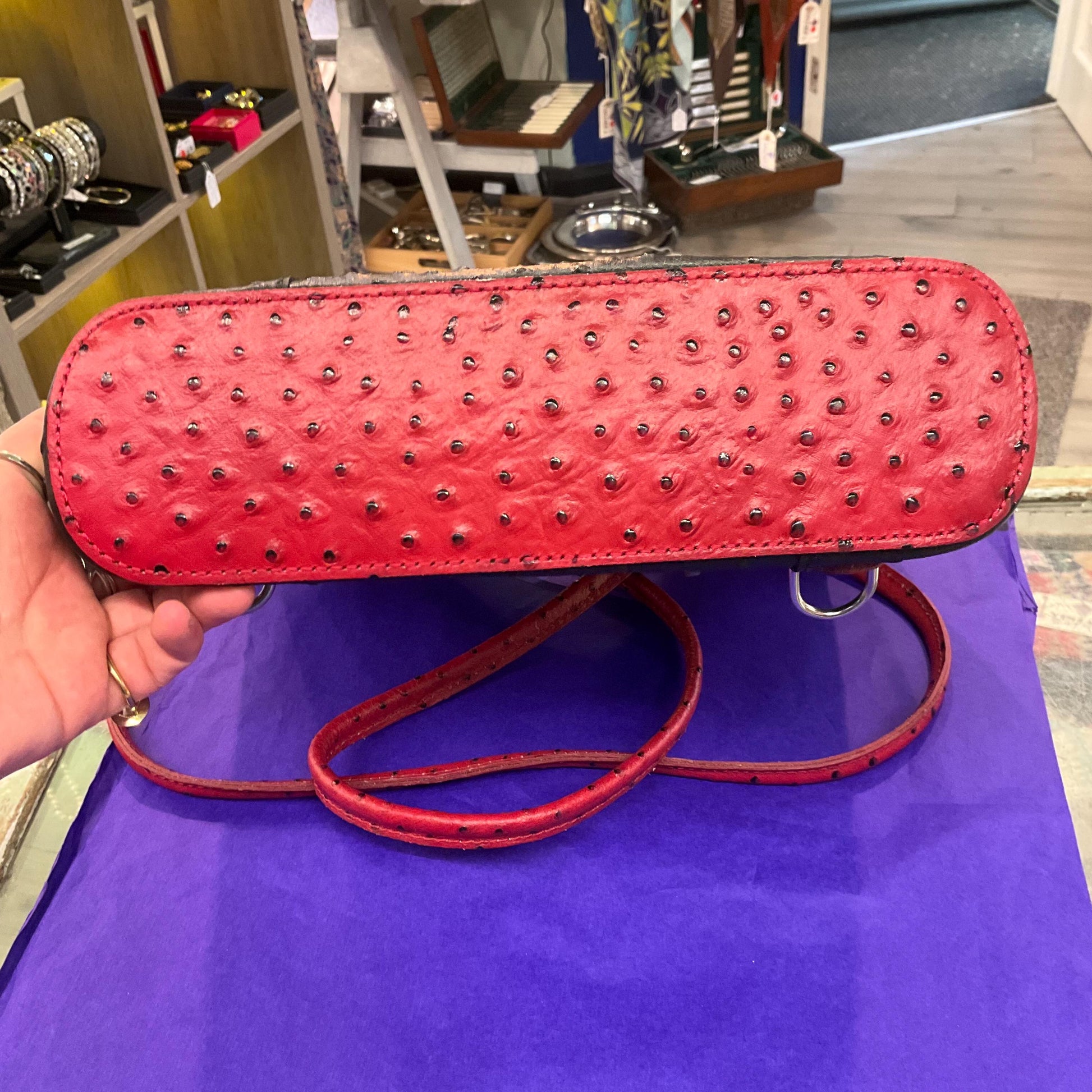 Vintage Italian Large Red and Black Leather Convertble Shoulder Bag or Backpack, Faux Ostrich Embossed Leather