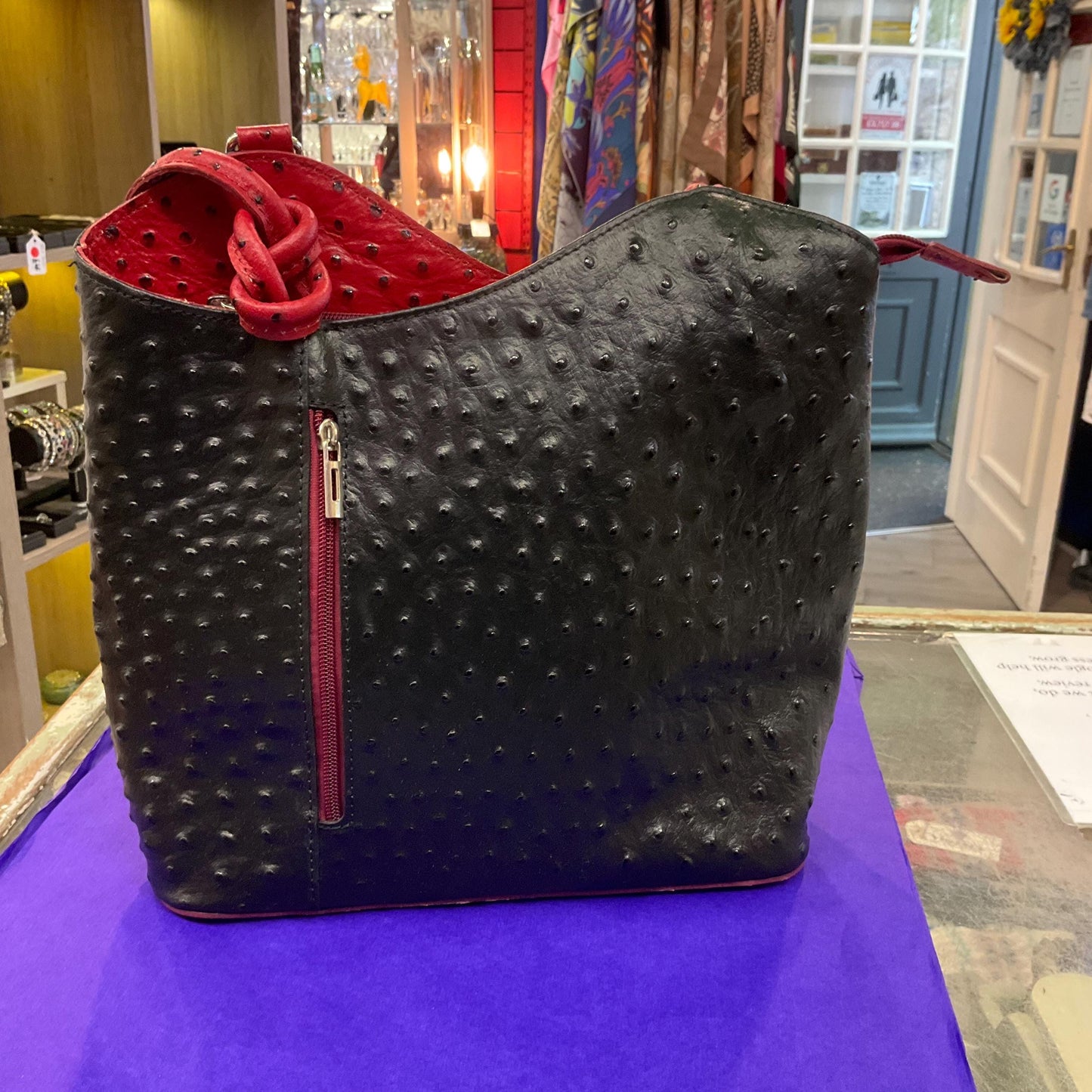 Vintage Italian Large Red and Black Leather Convertble Shoulder Bag or Backpack, Faux Ostrich Embossed Leather
